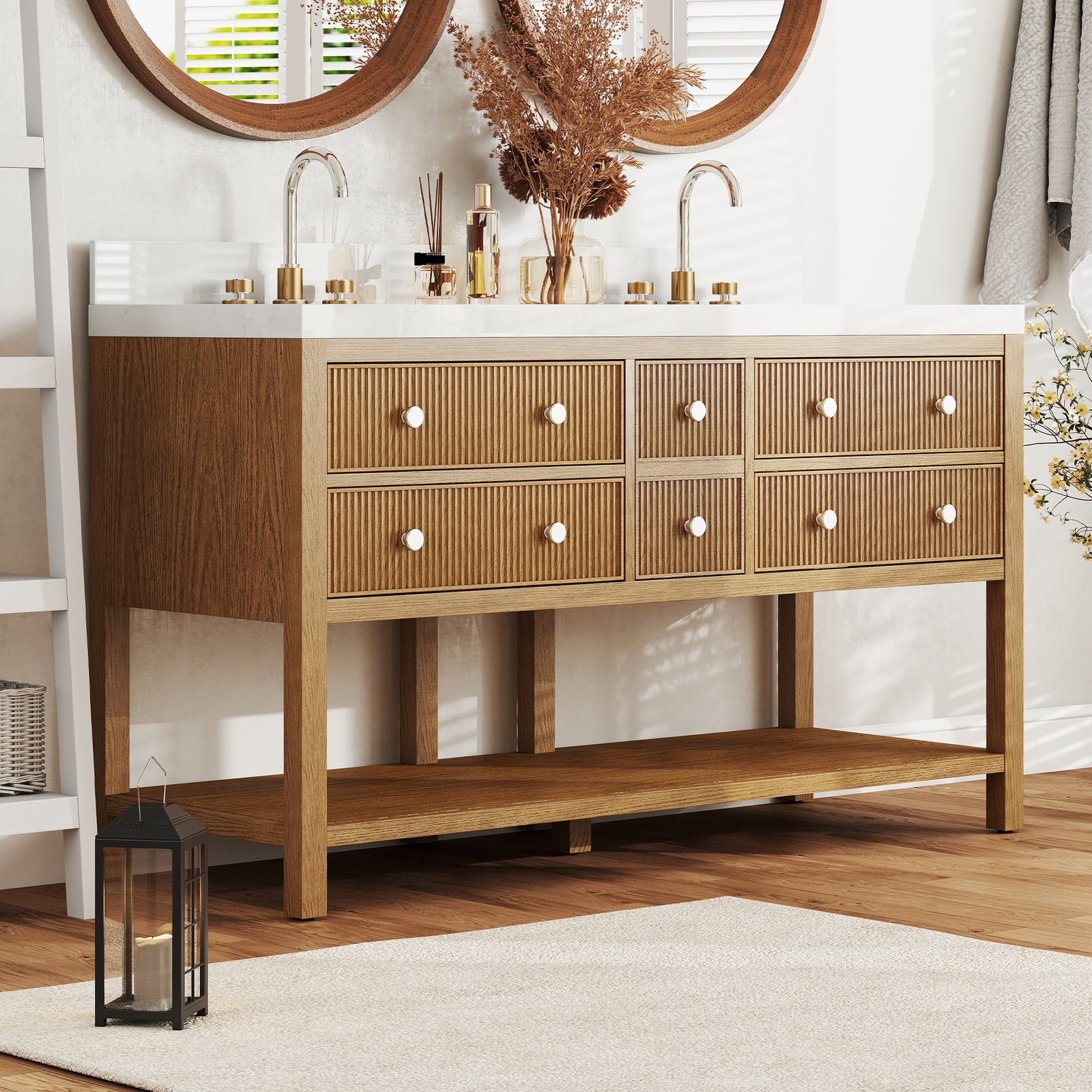 60 Inch Solid Wood Double Sink Bathroom Vanity with Quartz Countertop - Image 3