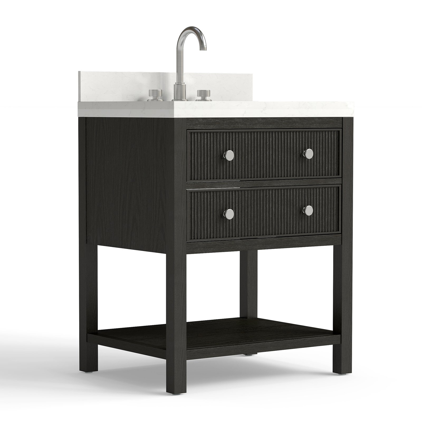 28 Inch Solid Wood Single Sink Bathroom Vanity with Quartz Countertop and Soft-Close Drawers in Black - Image 2