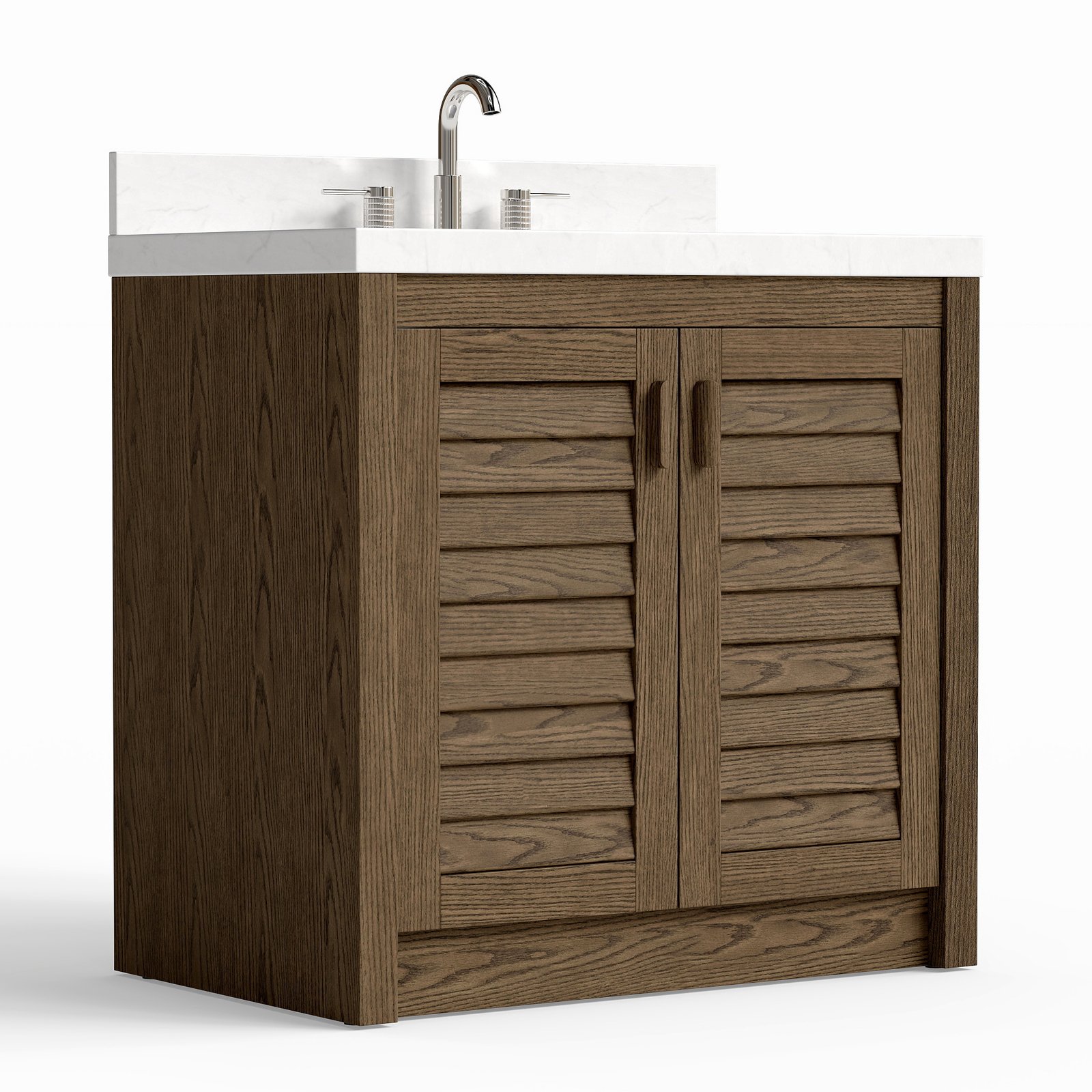 36" Solid Wood Bathroom Vanity with Quartz Countertop & Pull-Out Storage Drawer in Brown