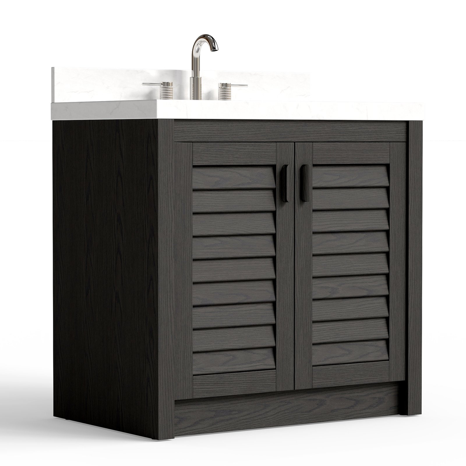 36" Solid Wood Bathroom Vanity with Quartz Countertop & Pull-Out Storage Drawer in Black