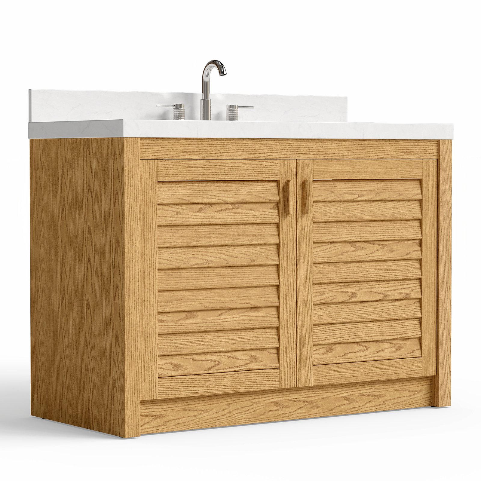 48" Solid Wood Bathroom Vanity with Quartz Countertop & Pull-Out Storage Drawer in Natural Oak