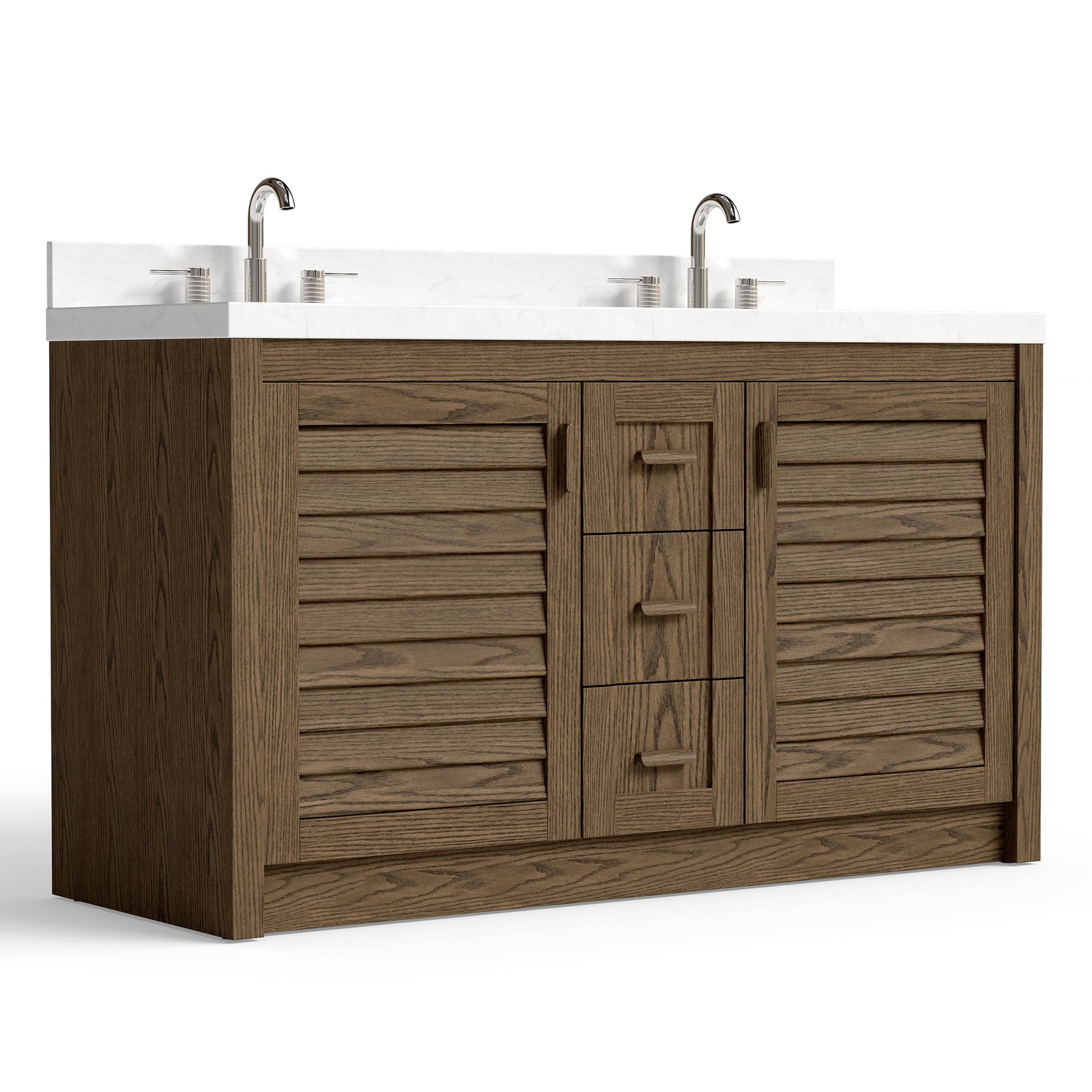 60" Solid Wood Bathroom Vanity with Double Quartz Countertop & Pull-Out Storage Drawer in Brown