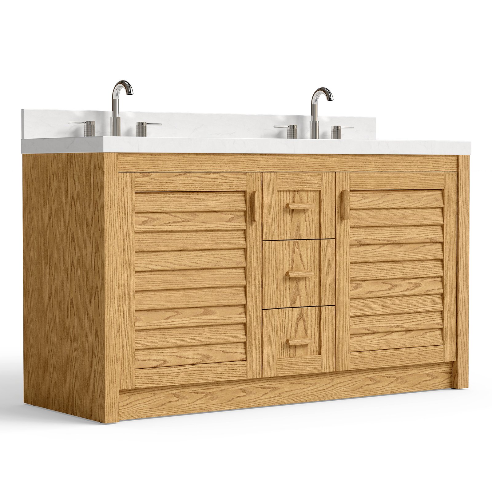 60" Solid Wood Bathroom Vanity with Double Quartz Countertop & Pull-Out Storage Drawer in Oak