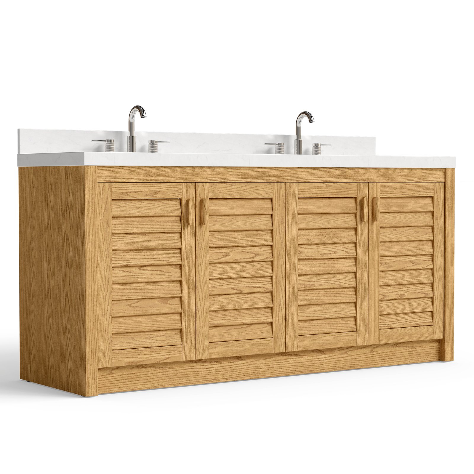 70" Solid Wood Bathroom Vanity with Double Quartz Countertop & Pull-Out Storage Drawer in Oak