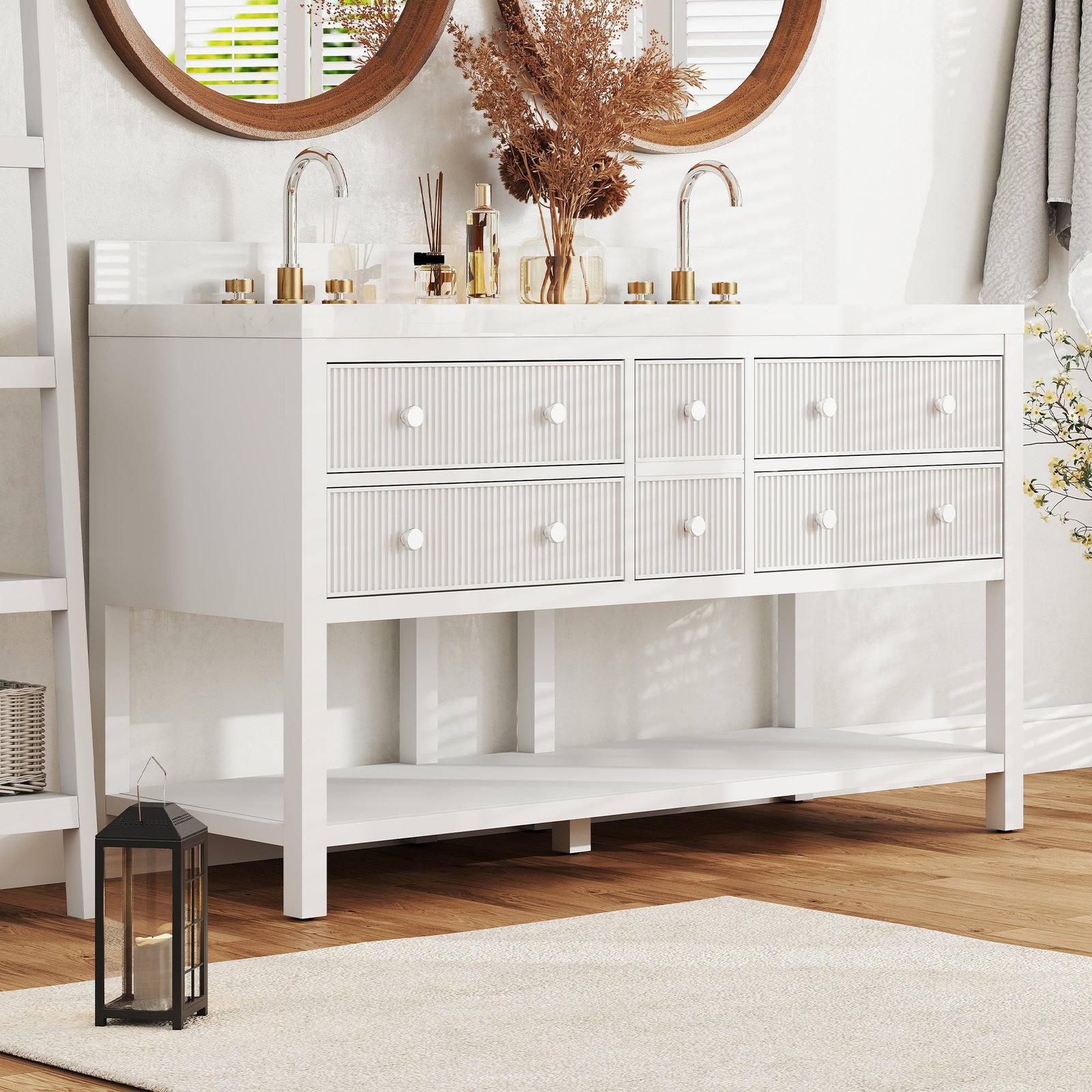 60 Inch Solid Wood Double Sink Bathroom Vanity with Quartz Countertop - Image 3