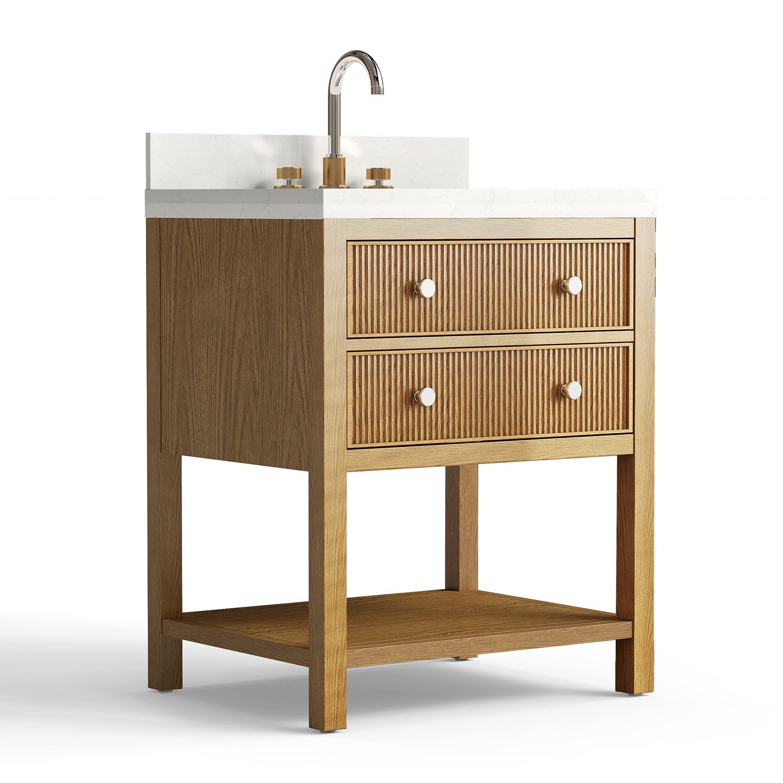 28 Inch Solid Wood Single Sink Bathroom Vanity with Quartz Countertop and Soft-Close Drawers in Oak - Image 2
