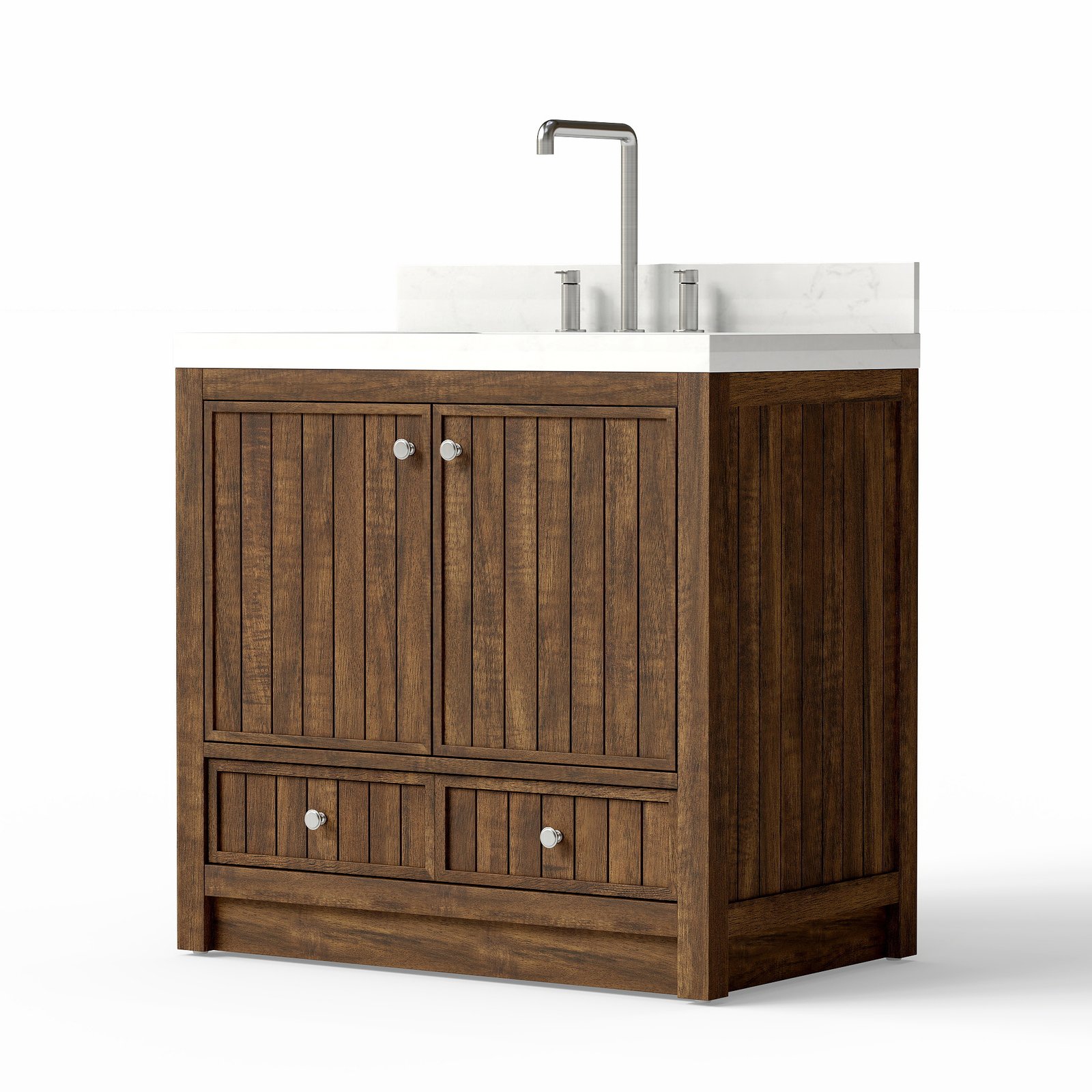 36-Inch Modern Bathroom Vanity with Carrara Quartz Top, MDF Wood Veneer Cabinet, Soft-Close Door & Drawer, Nordic Style Single Sink Vanity - Image 4