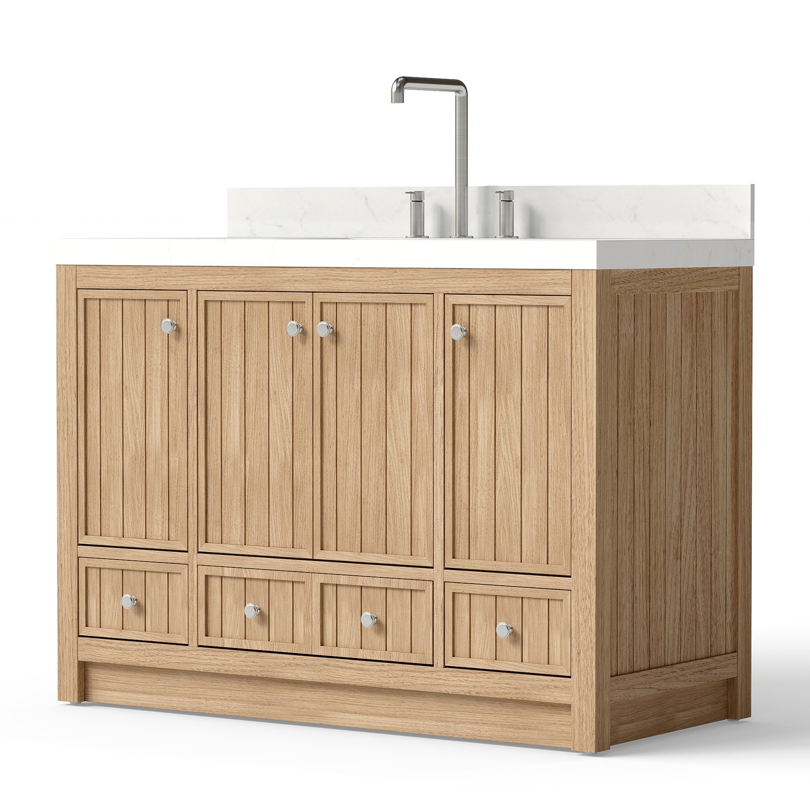 48 Inch Modern Bathroom Vanity with Carrara Quartz Countertop, Soft-Close Drawers, MDF Wood Veneer Cabinet, Single Sink Vanity