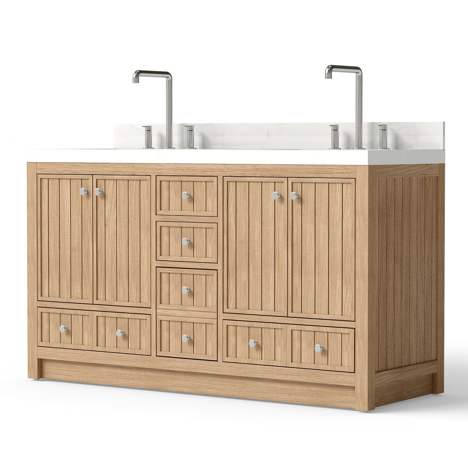 60 Inch Modern Double Sink Bathroom Vanity with Double Quartz Countertop, Soft-Close Drawers & Doors, Freestanding Bath Cabinet