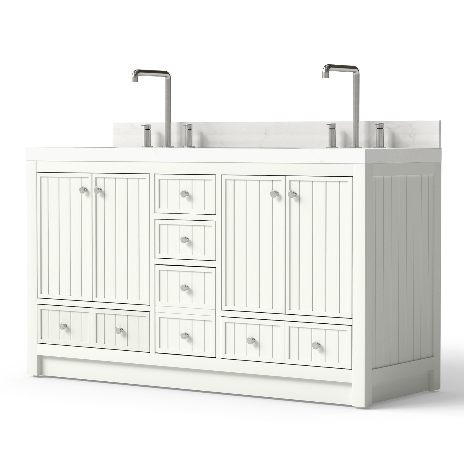 60 Inch Modern Double Sink Bathroom Vanity with Double Quartz Countertop, Soft-Close Drawers & Doors, Freestanding Bath Cabinet - Image 2