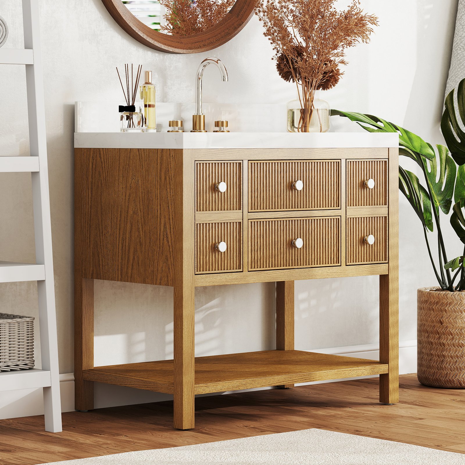 36 Inch Solid Wood Single Sink Bathroom Vanity with Quartz Countertop and Soft-Close Drawers - Image 2