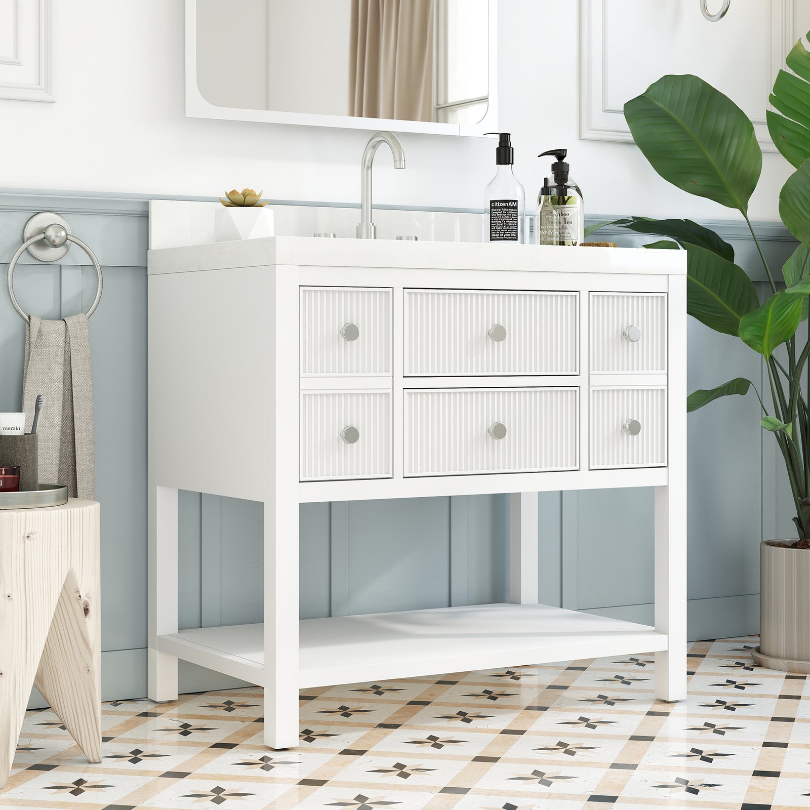 36 Inch Solid Wood Single Sink Bathroom Vanity with Quartz Countertop and Soft-Close Drawers in White - Image 2
