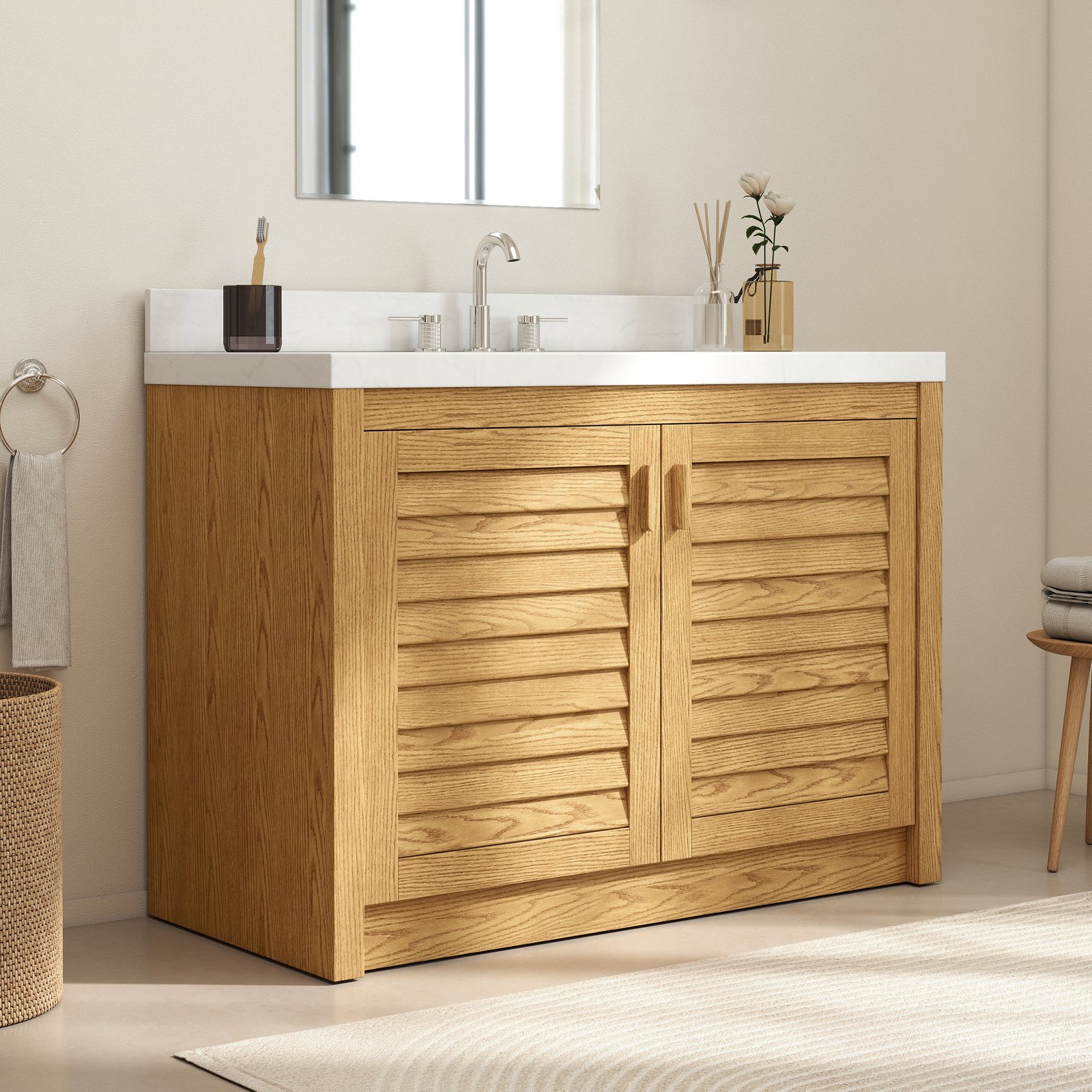 48" Solid Wood Bathroom Vanity with Quartz Countertop & Pull-Out Storage Drawer in Natural Oak - Image 2
