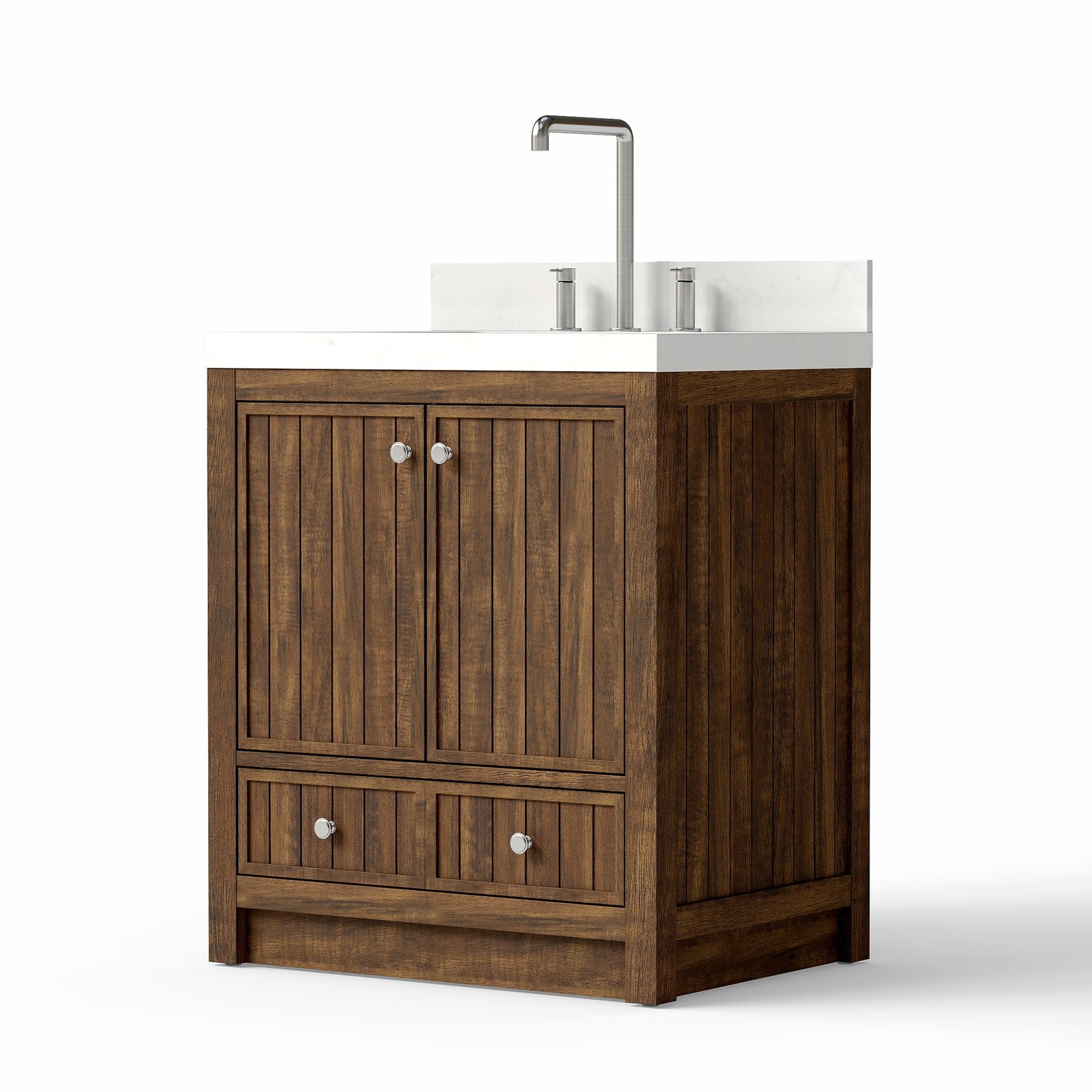 30-Inch Modern Bathroom Vanity with Carrara Quartz Top, MDF Wood Veneer Cabinet, Soft-Close Door & Drawer, Nordic Style Single Sink Vanity - Image 3
