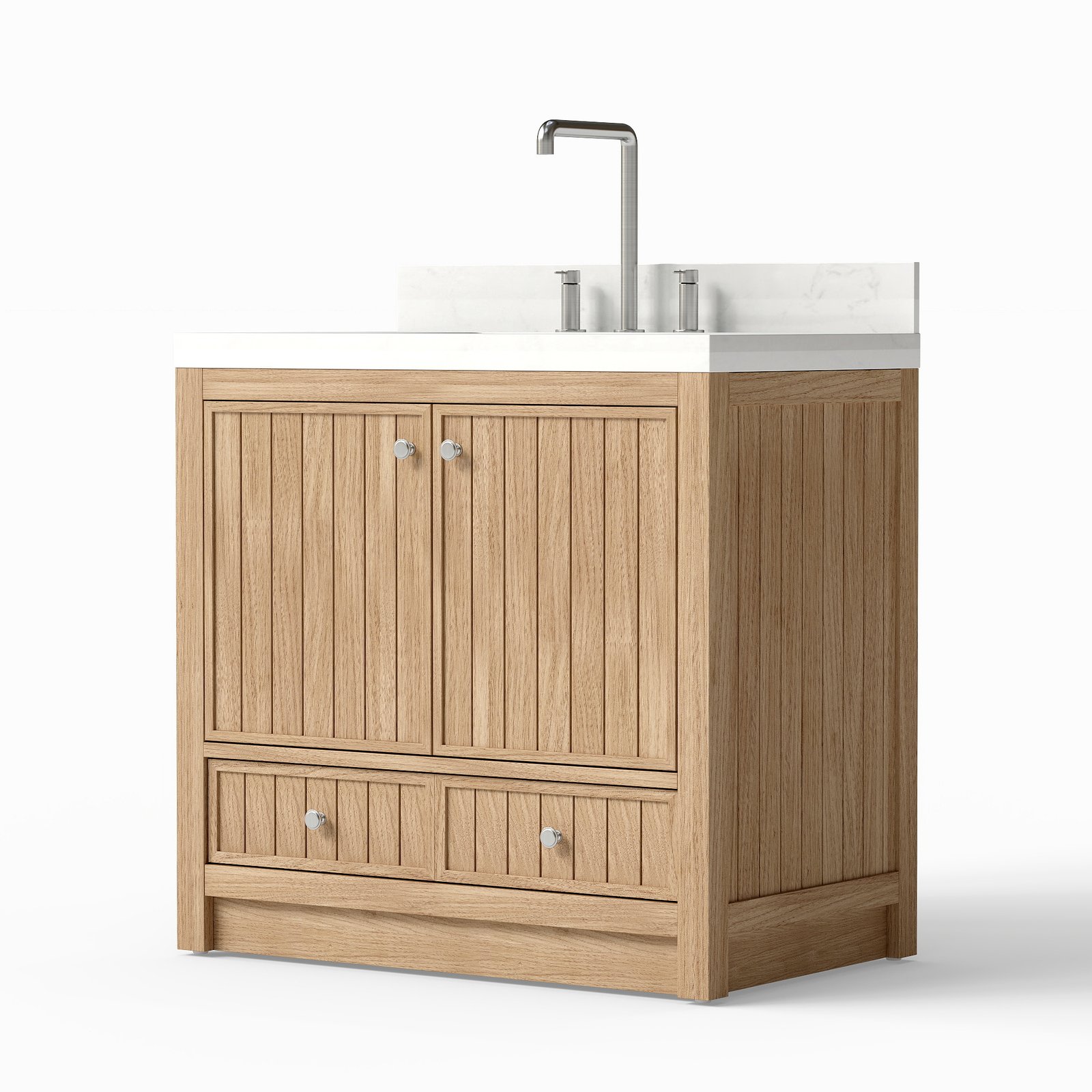 36-Inch Modern Bathroom Vanity with Carrara Quartz Top, MDF Wood Veneer Cabinet, Soft-Close Door & Drawer, Nordic Style Single Sink Vanity