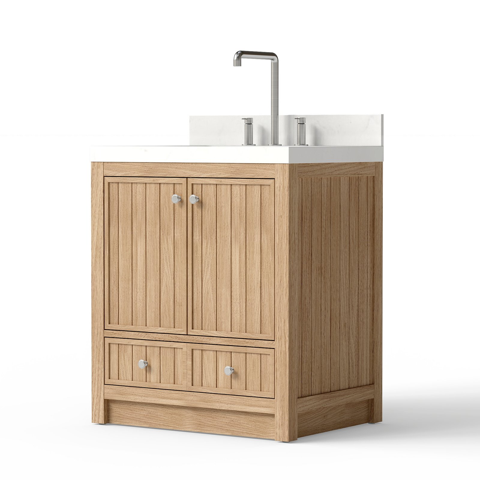 30-Inch Modern Bathroom Vanity with Carrara Quartz Top, MDF Wood Veneer Cabinet, Soft-Close Door & Drawer, Nordic Style Single Sink Vanity