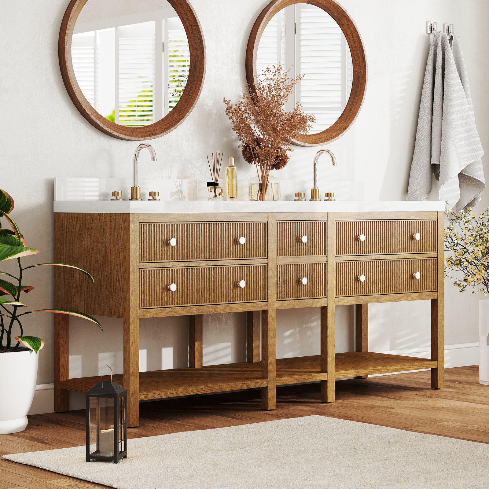 72"Solid Wood Bathroom Vanity with Quartz Countertop & Undermount Ceramic Sink, Soft-Close Drawers - Image 3