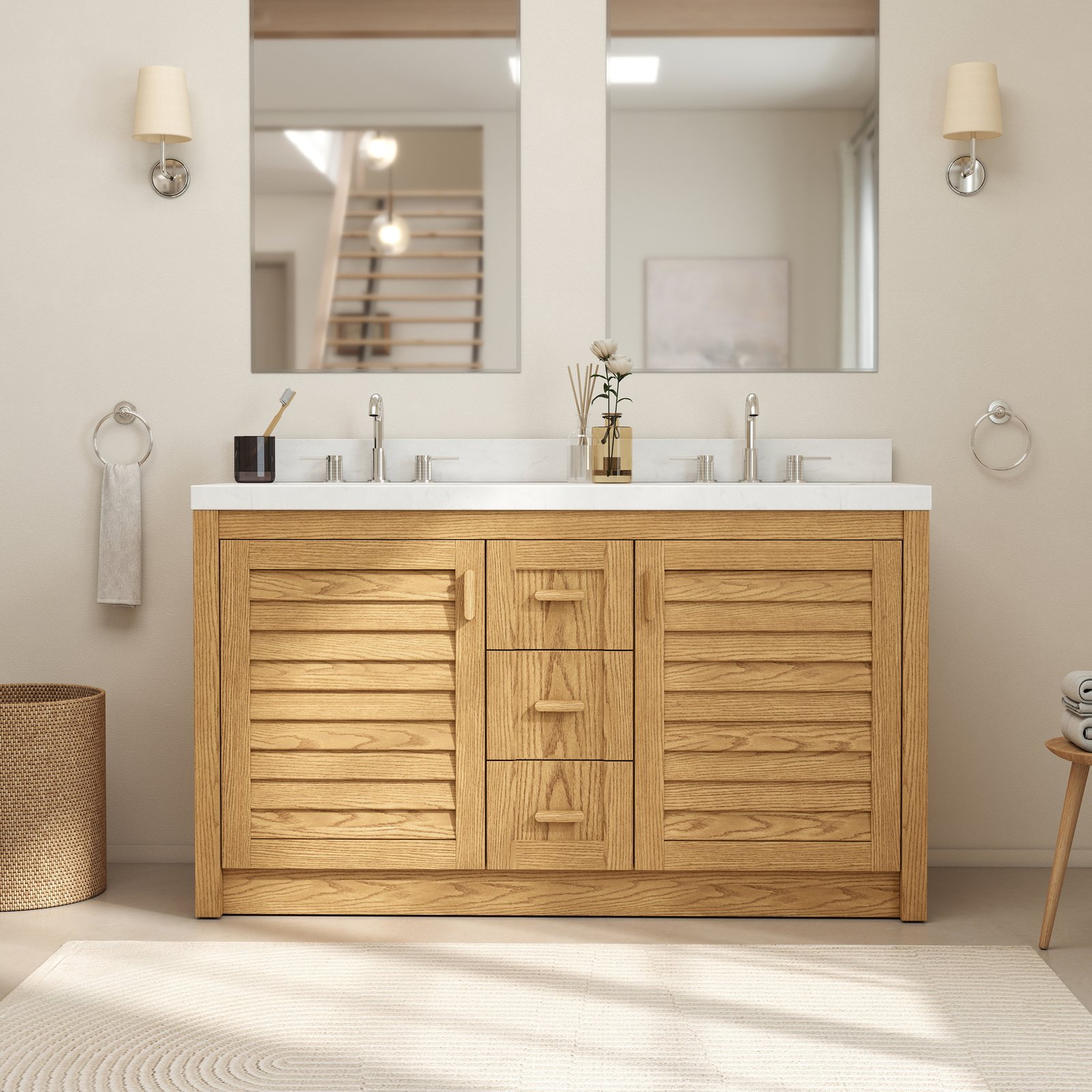 60" Solid Wood Bathroom Vanity with Double Quartz Countertop & Pull-Out Storage Drawer in Oak - Image 8