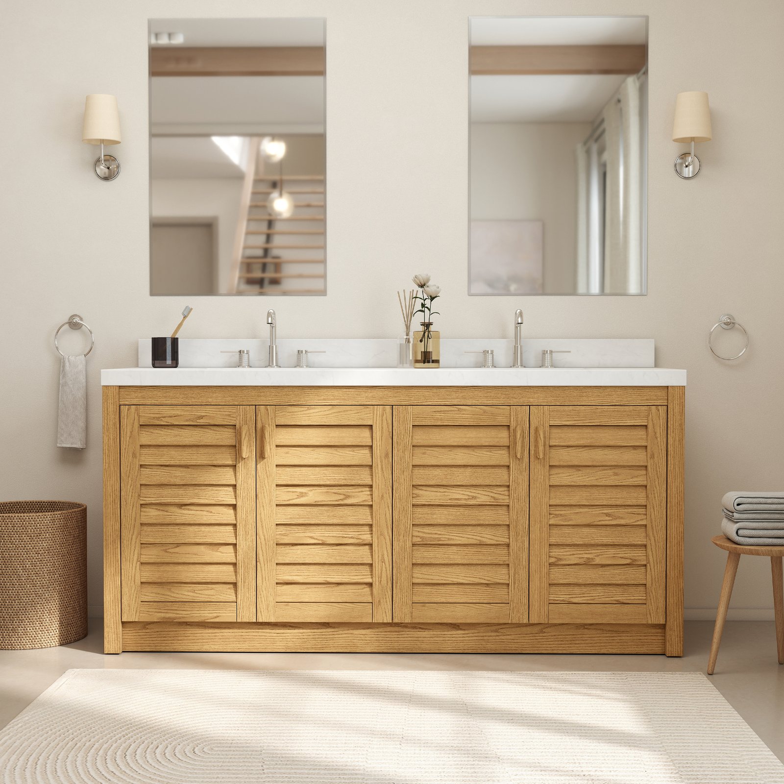 70" Solid Wood Bathroom Vanity with Double Quartz Countertop & Pull-Out Storage Drawer in Oak - Image 2