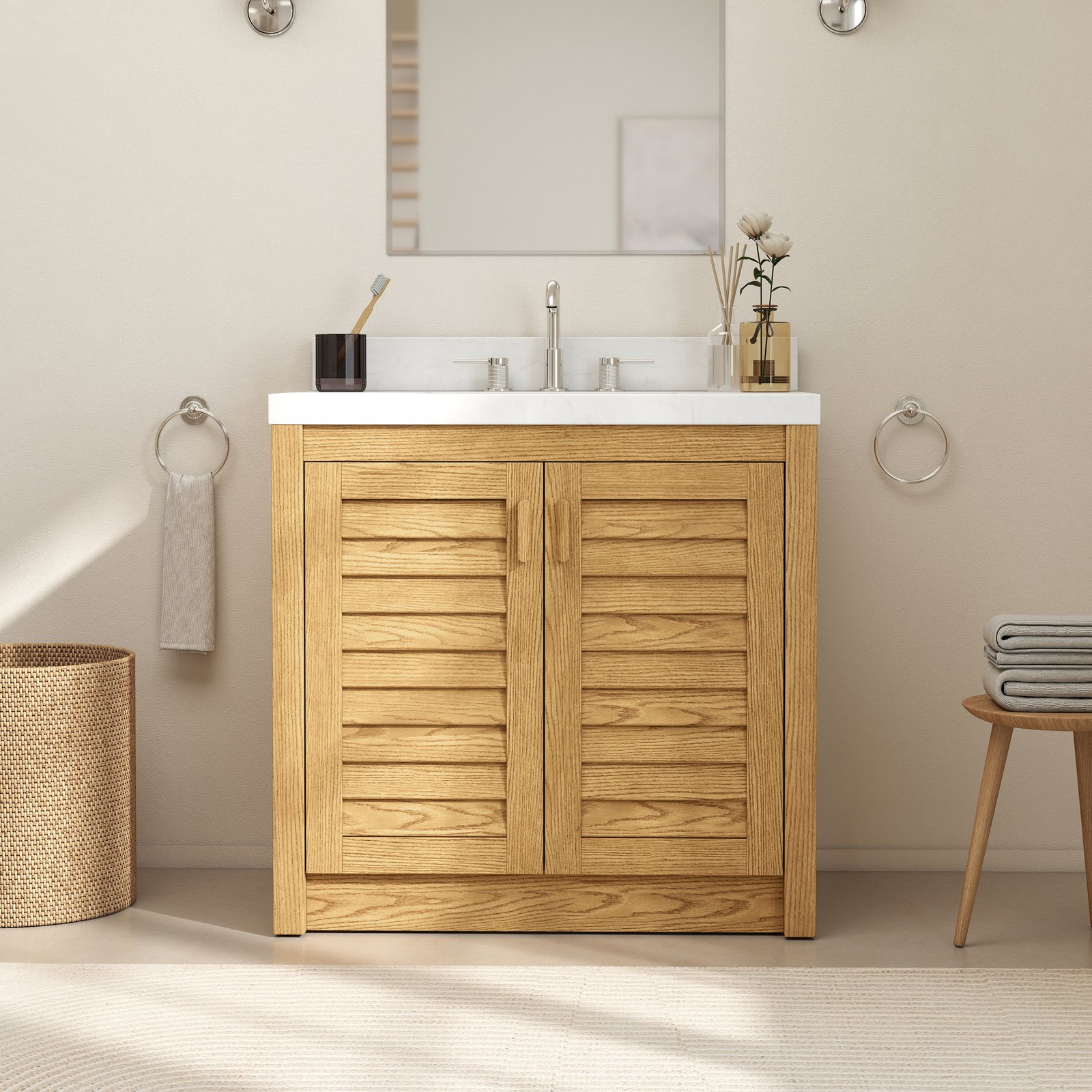 36" Solid Wood Bathroom Vanity with Quartz Countertop & Pull-Out Storage Drawer in Natural Oak