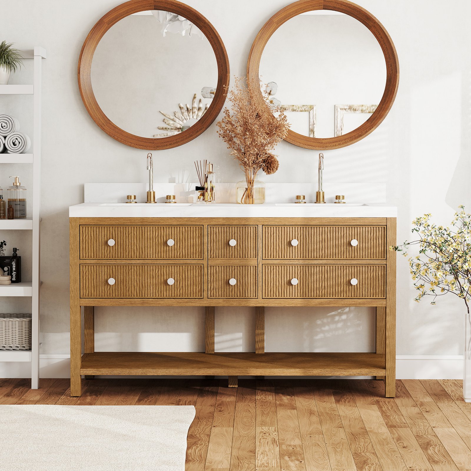 60 Inch Solid Wood Double Sink Bathroom Vanity with Quartz Countertop