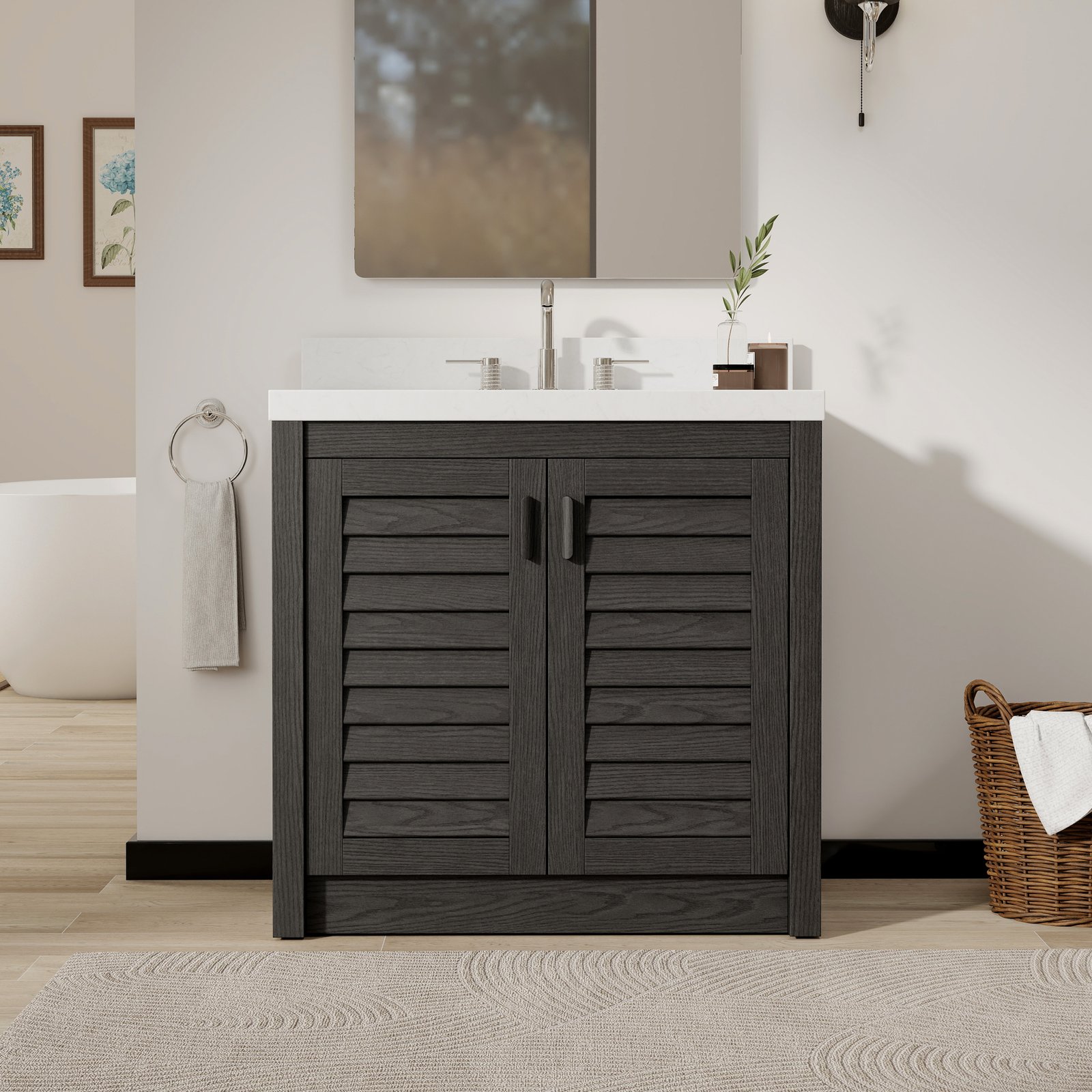 36" Solid Wood Bathroom Vanity with Quartz Countertop & Pull-Out Storage Drawer in Black - Image 9