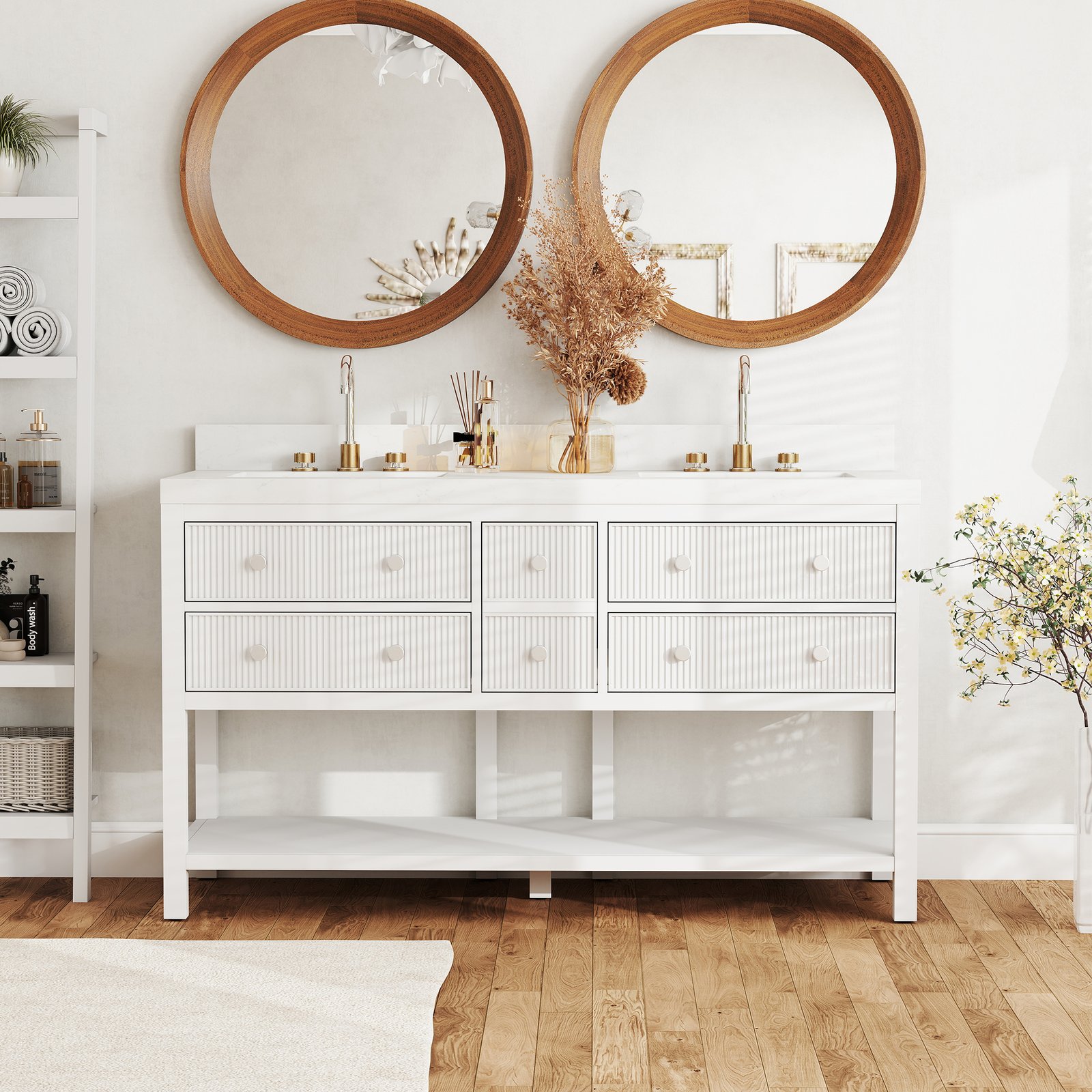 60 Inch Solid Wood Double Sink Bathroom Vanity with Quartz Countertop