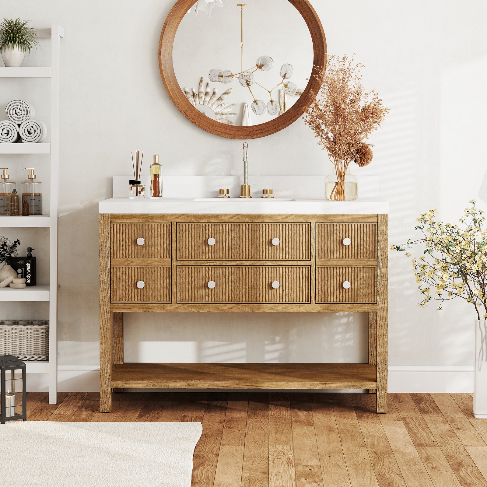 48 Inch Solid Wood Single Sink Bathroom Vanity with Quartz Countertop and Soft-Close Drawers