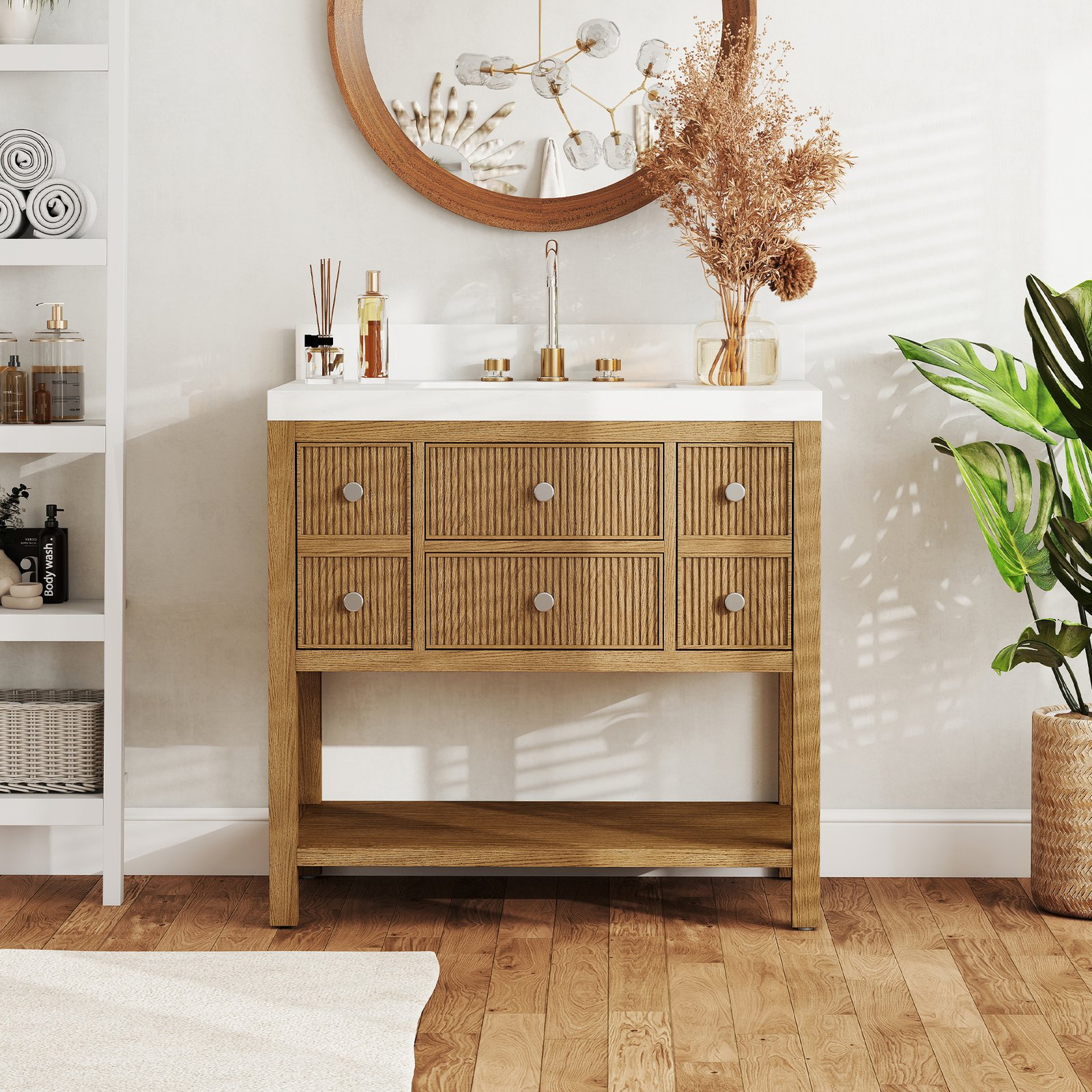 36 Inch Solid Wood Single Sink Bathroom Vanity with Quartz Countertop and Soft-Close Drawers