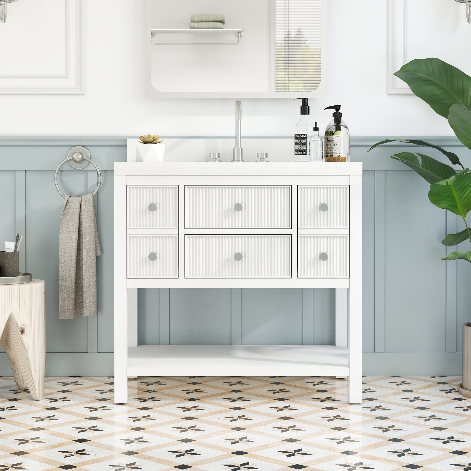 36 Inch Solid Wood Single Sink Bathroom Vanity with Quartz Countertop and Soft-Close Drawers in White