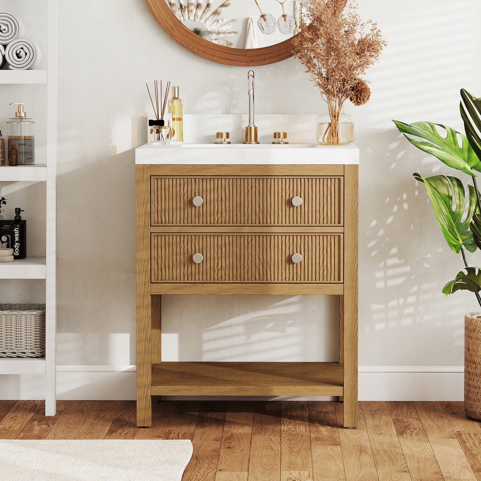 28 Inch Solid Wood Single Sink Bathroom Vanity with Quartz Countertop and Soft-Close Drawers in Oak