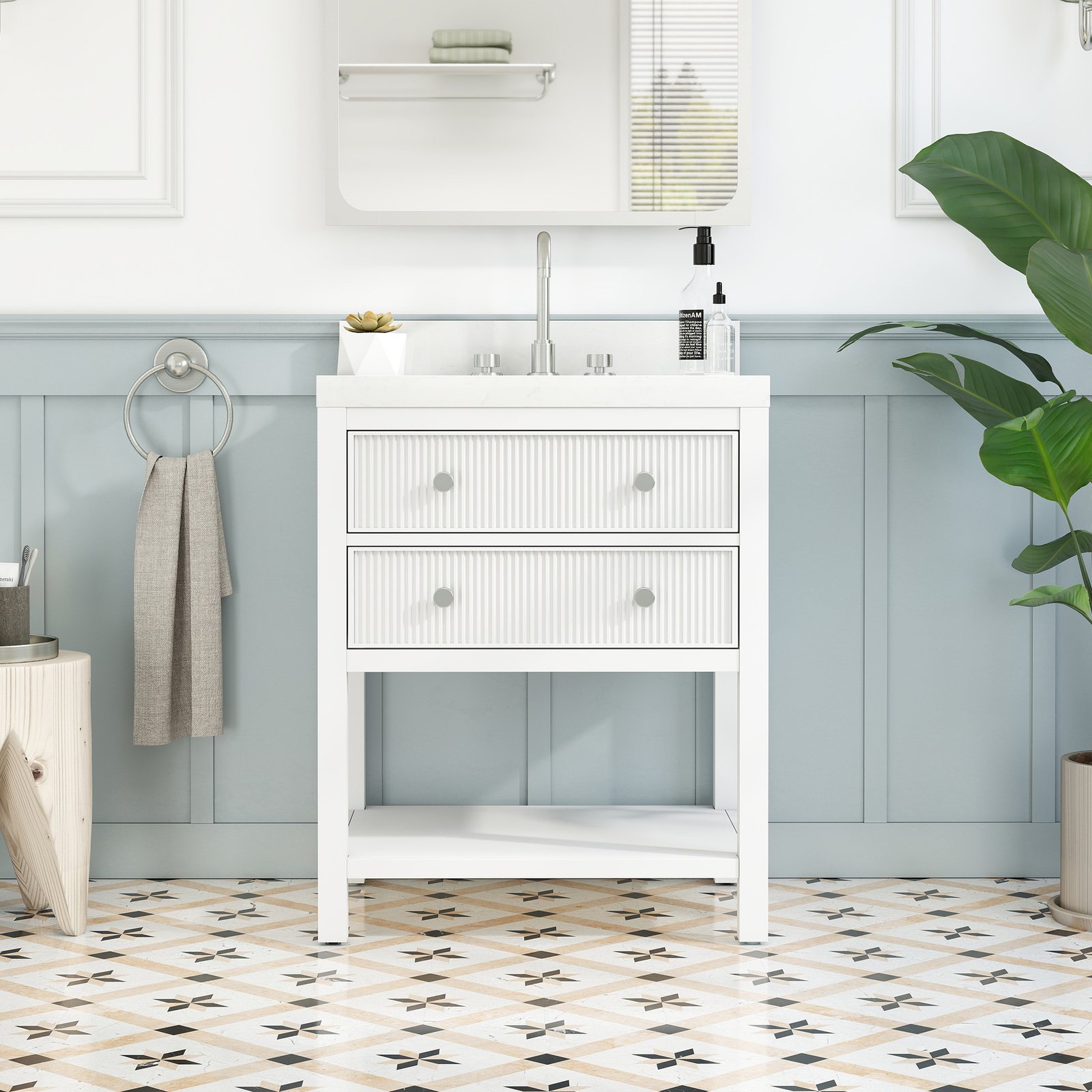 28 Inch Solid Wood Single Sink Bathroom Vanity with Quartz Countertop and Soft-Close Drawers in White