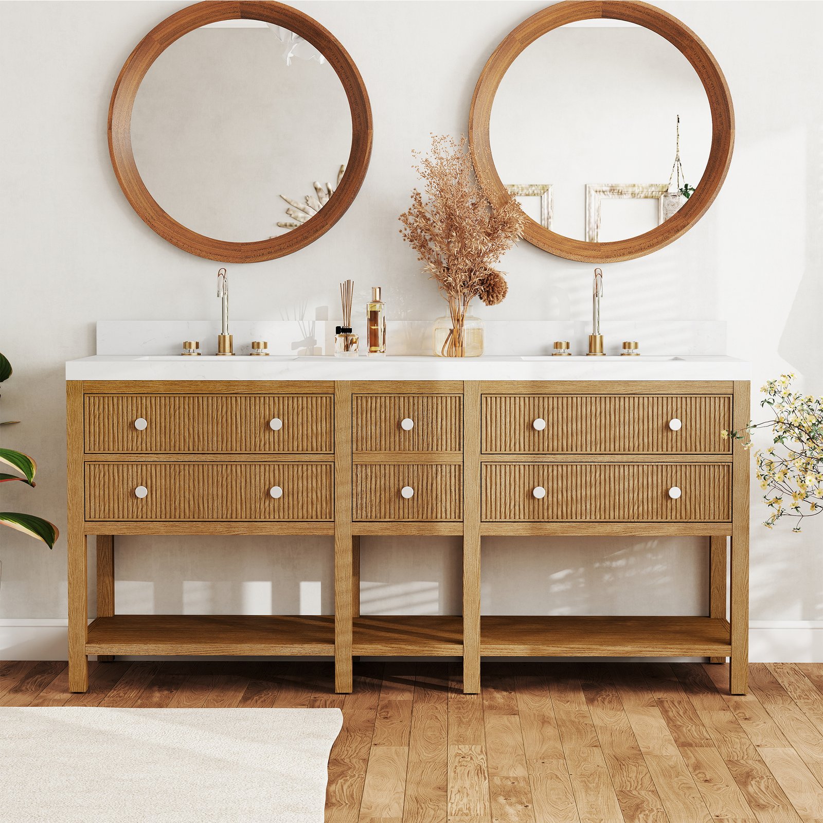 72"Solid Wood Bathroom Vanity with Quartz Countertop & Undermount Ceramic Sink, Soft-Close Drawers