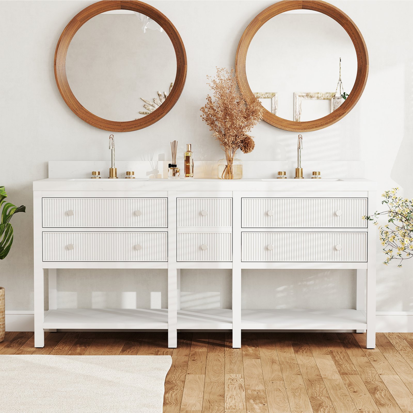 72"Solid Wood Bathroom Vanity with Quartz Countertop & Undermount Ceramic Sink, Soft-Close Drawers