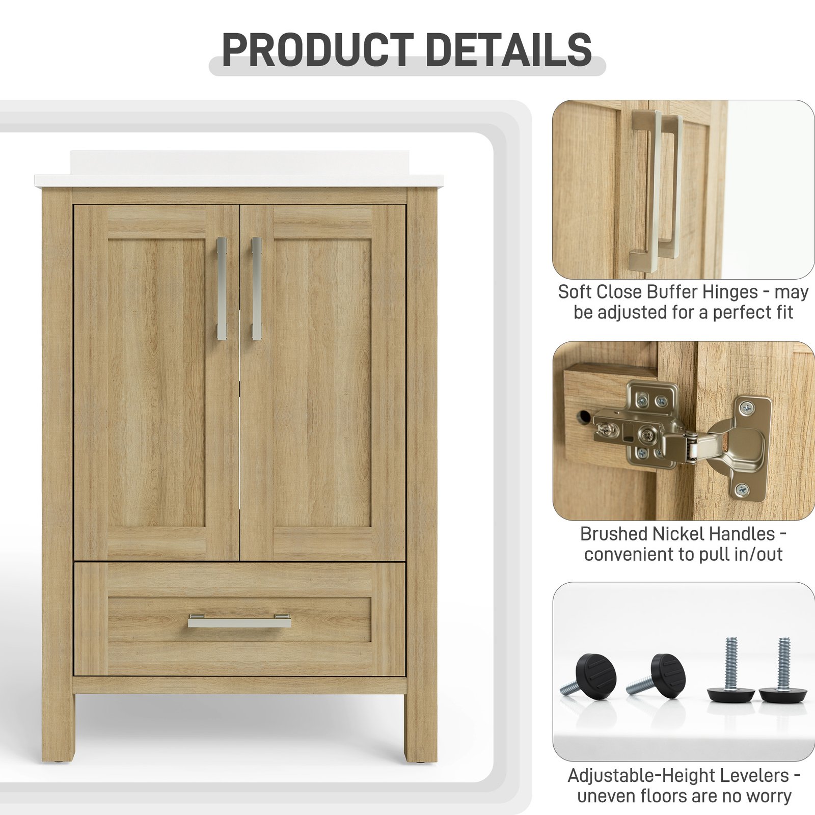 24 Inch Modern Bathroom Vanity with Quartz Countertop, Soft-Close Door & Drawer, Space-Saving Single Sink Vanity - Image 6