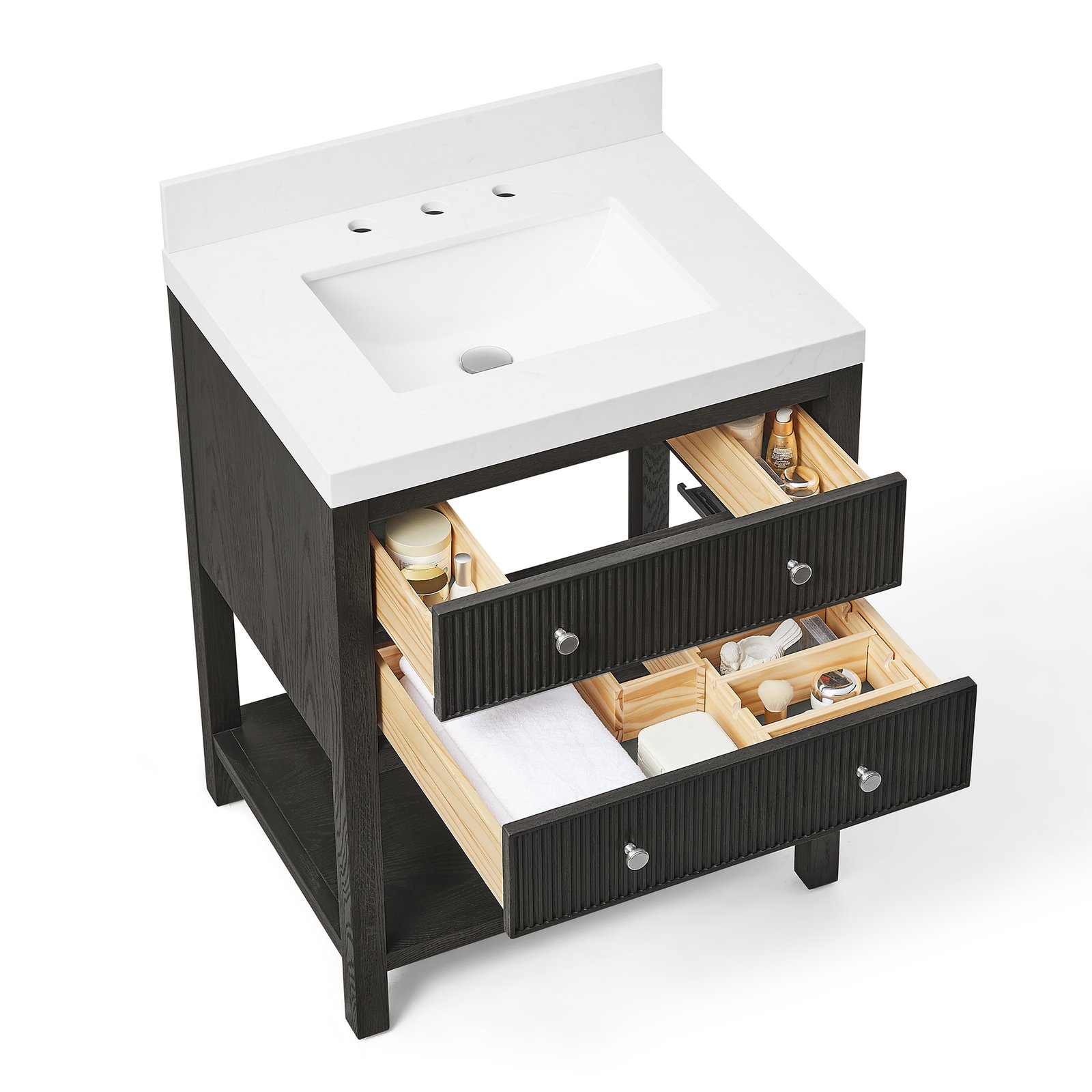 28 Inch Solid Wood Single Sink Bathroom Vanity with Quartz Countertop and Soft-Close Drawers in Black - Image 3