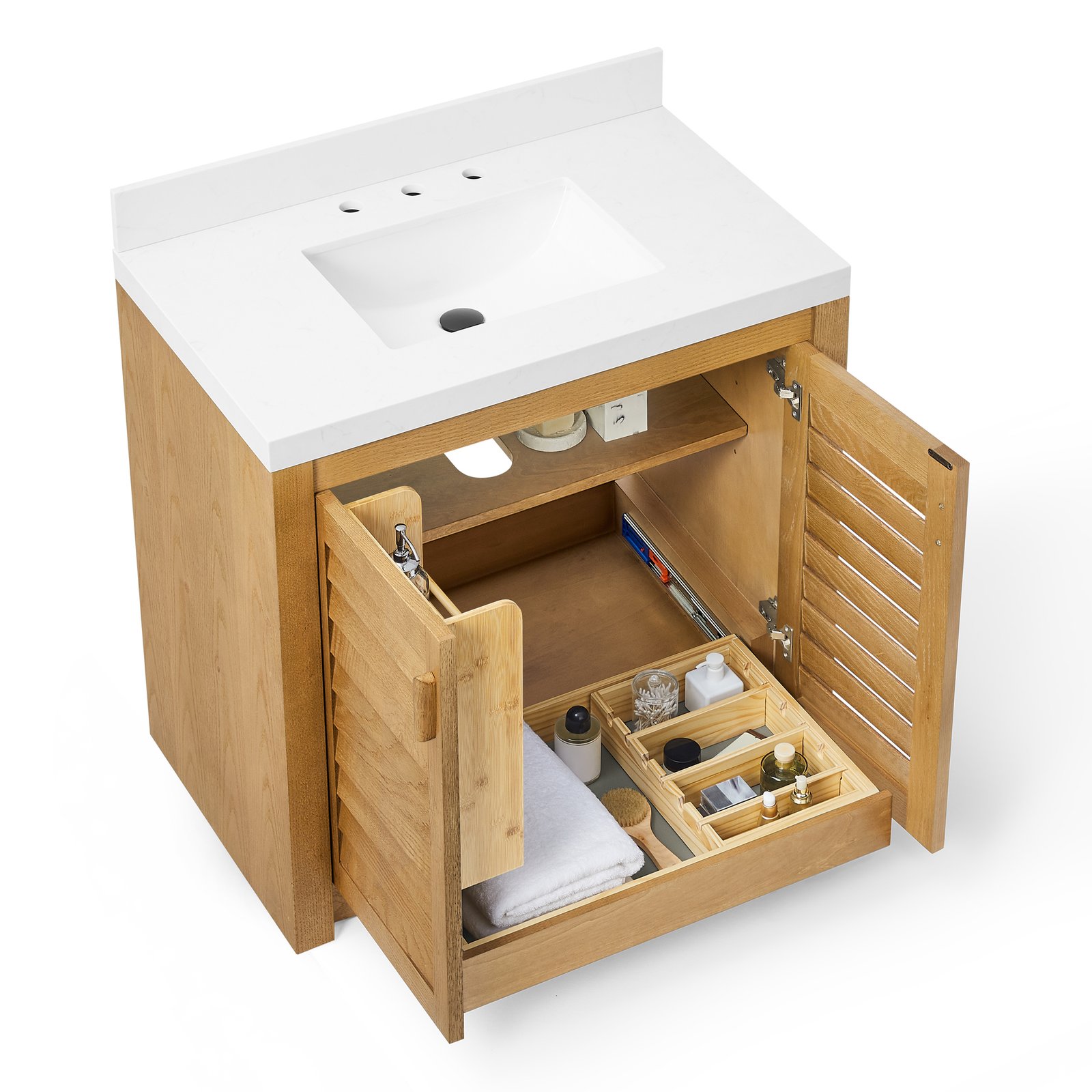 36" Solid Wood Bathroom Vanity with Quartz Countertop & Pull-Out Storage Drawer in Natural Oak - Image 2