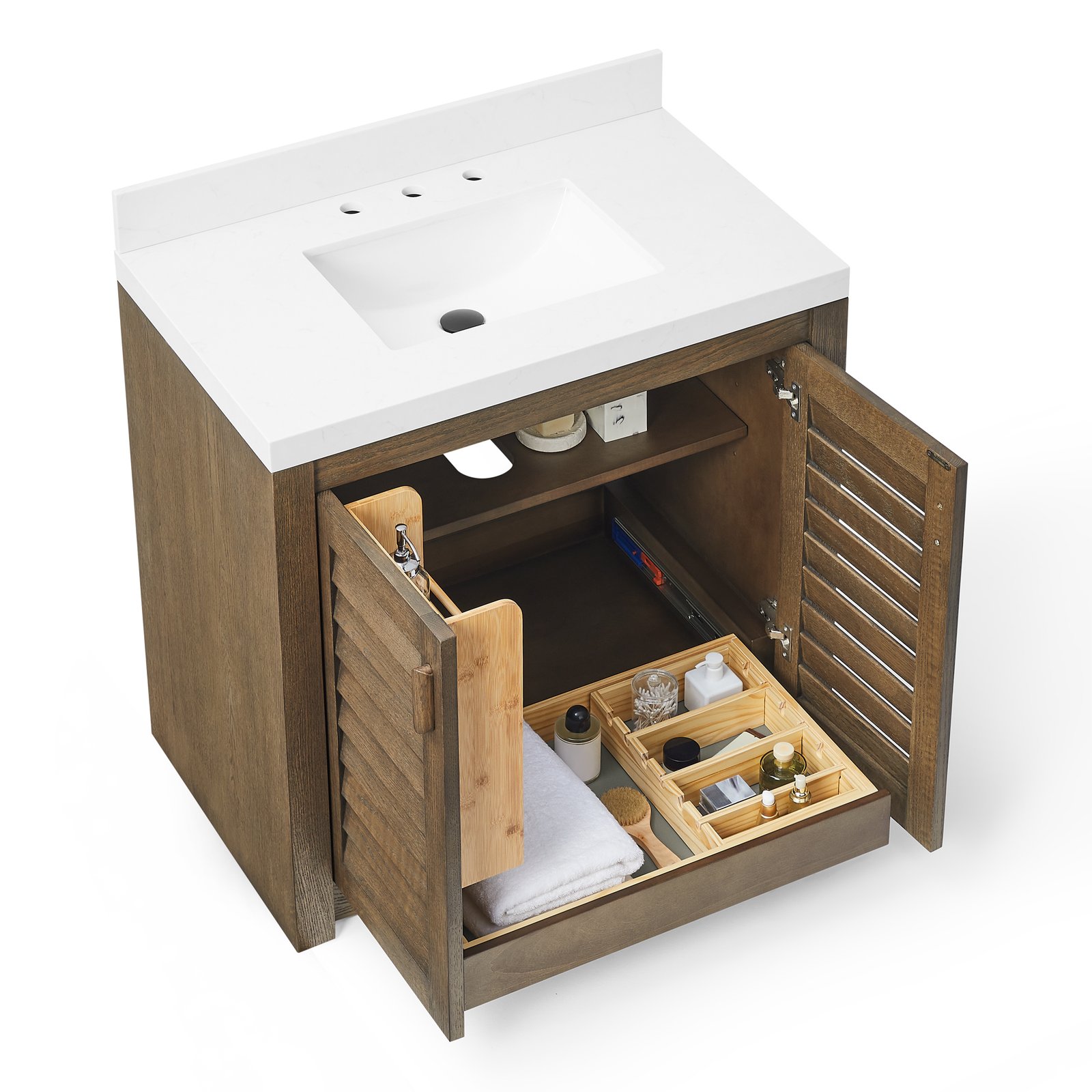 36" Solid Wood Bathroom Vanity with Quartz Countertop & Pull-Out Storage Drawer in Brown - Image 2