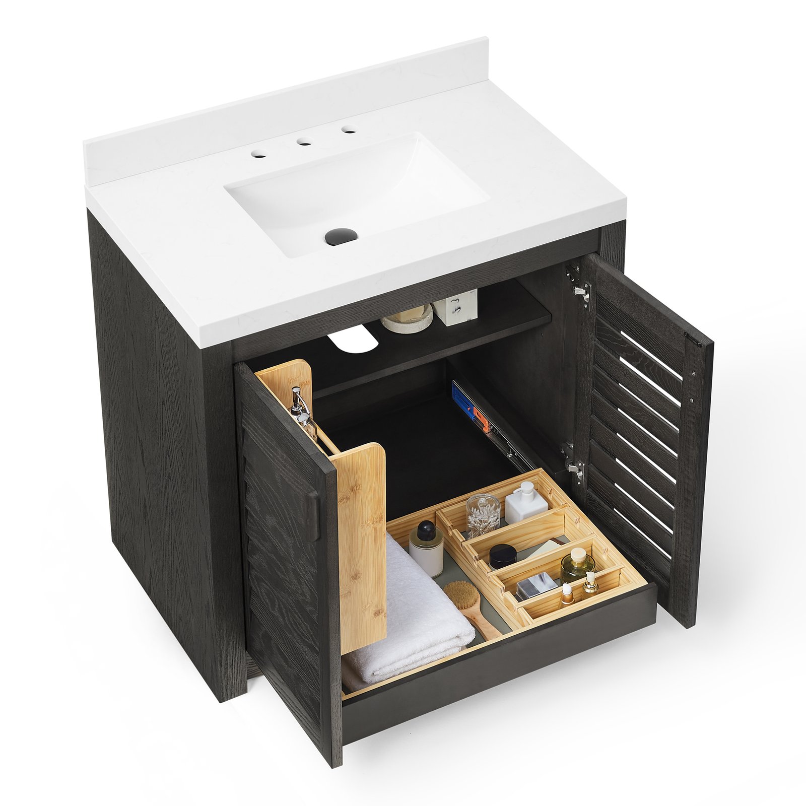 36" Solid Wood Bathroom Vanity with Quartz Countertop & Pull-Out Storage Drawer in Black - Image 3