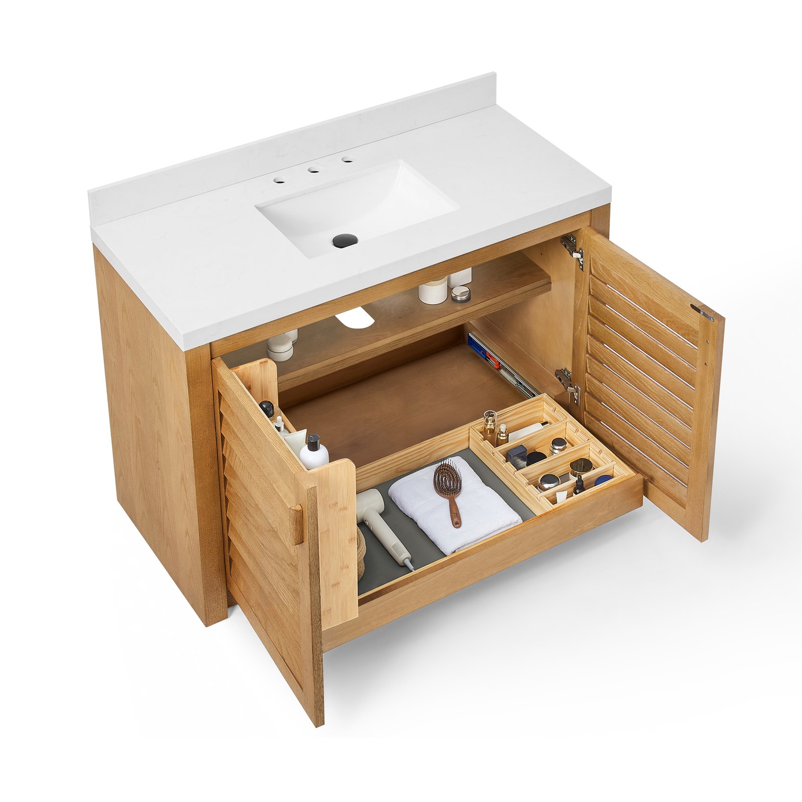 48" Solid Wood Bathroom Vanity with Quartz Countertop & Pull-Out Storage Drawer in Natural Oak - Image 3