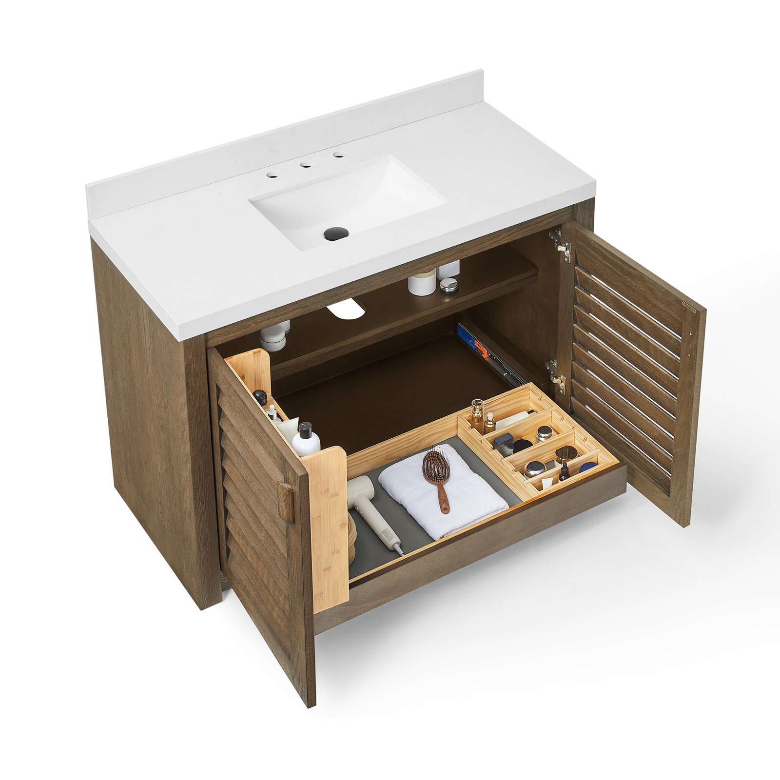 48" Solid Wood Bathroom Vanity with Quartz Countertop & Pull-Out Storage Drawer in Natural Oak - Image 3