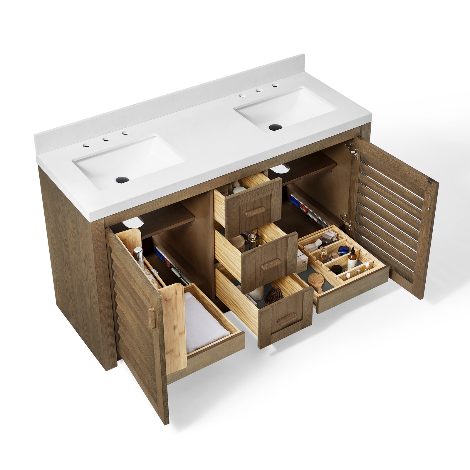 60" Solid Wood Bathroom Vanity with Double Quartz Countertop & Pull-Out Storage Drawer in Brown - Image 2