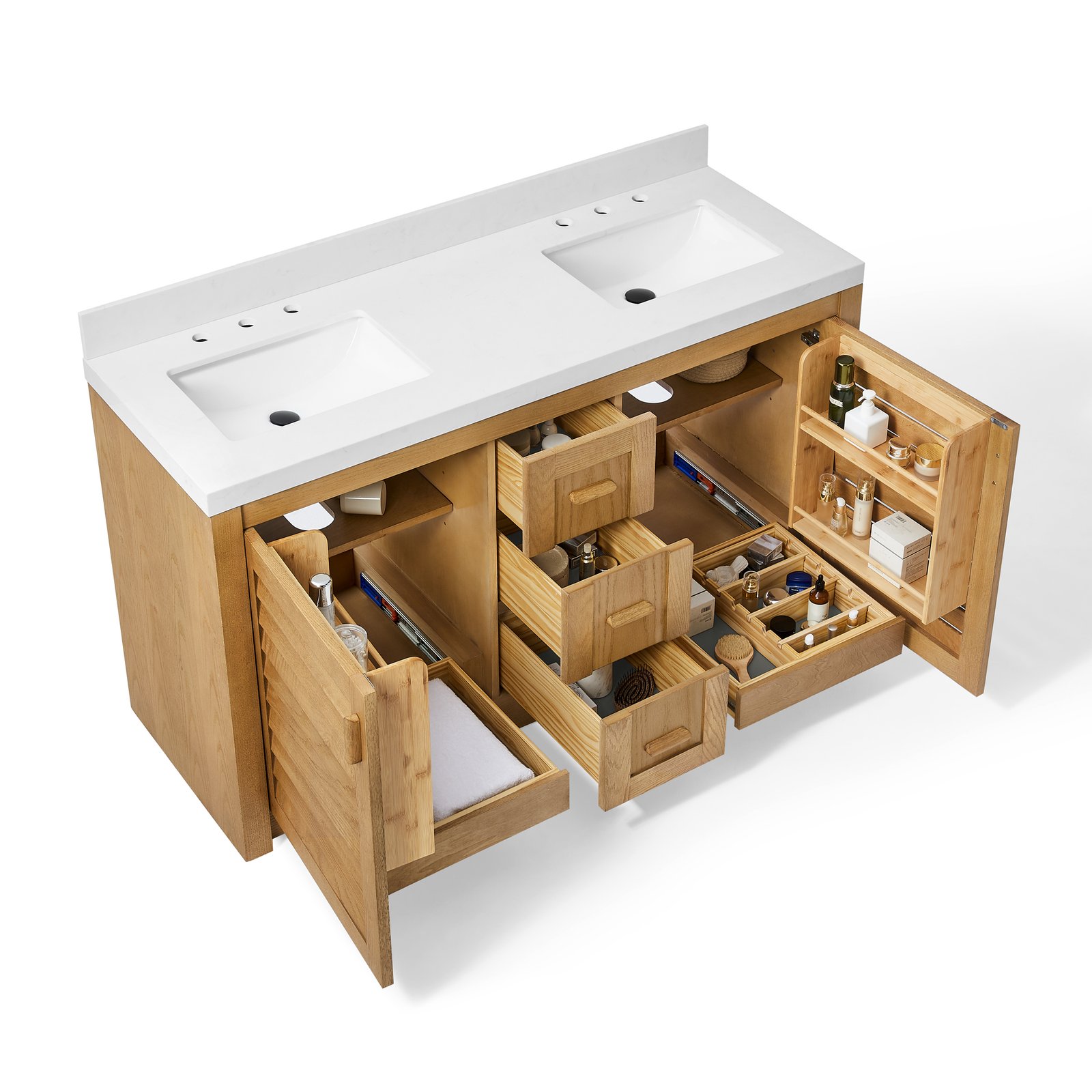 60" Solid Wood Bathroom Vanity with Double Quartz Countertop & Pull-Out Storage Drawer in Oak - Image 2