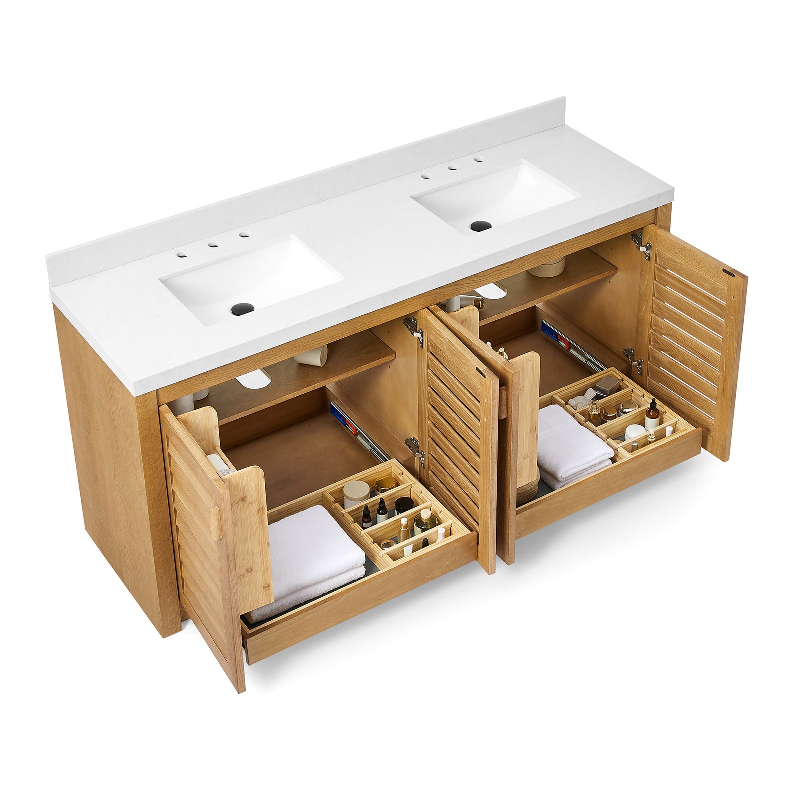 70" Solid Wood Bathroom Vanity with Double Quartz Countertop & Pull-Out Storage Drawer in Oak - Image 3