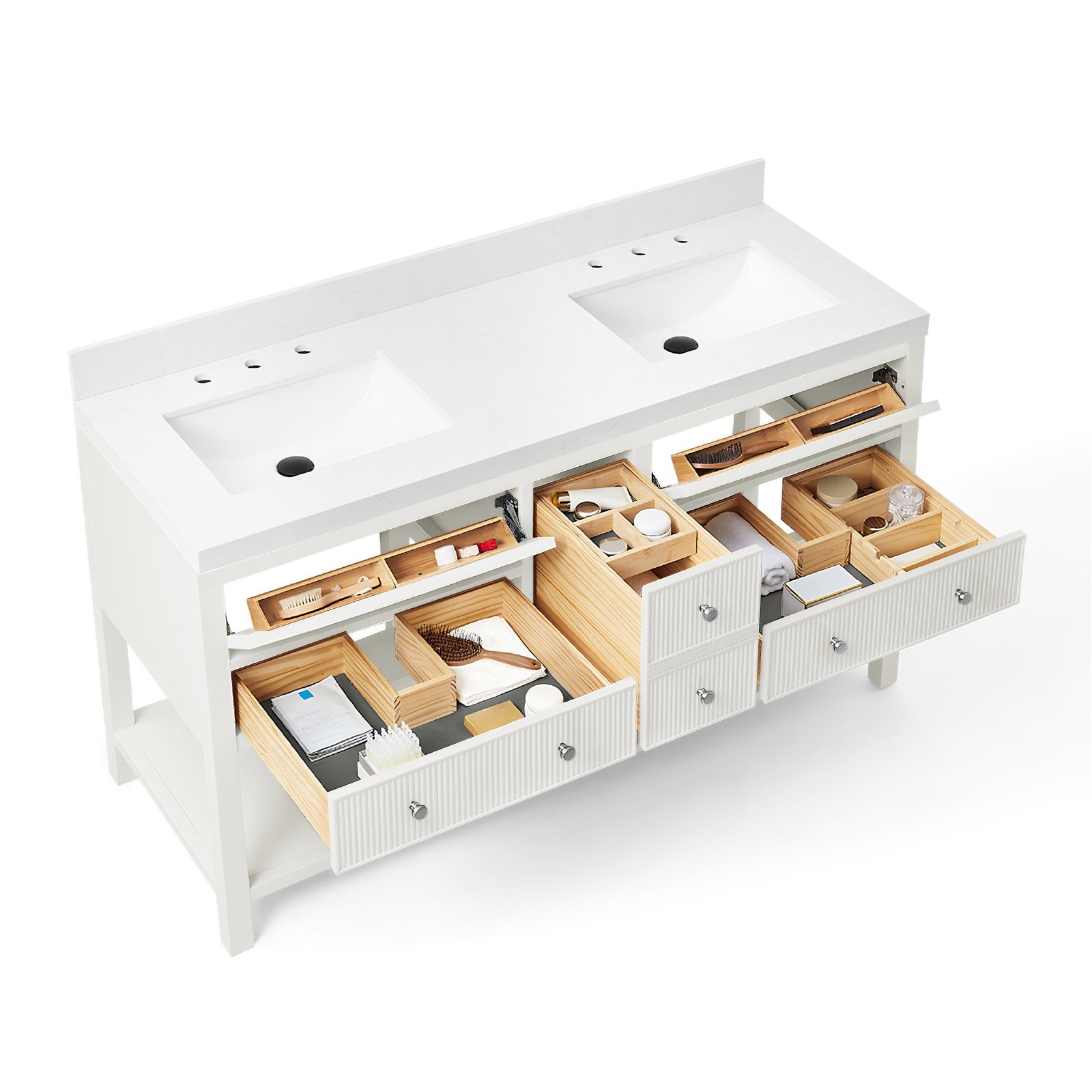 60 Inch Solid Wood Double Sink Bathroom Vanity with Quartz Countertop - Image 4