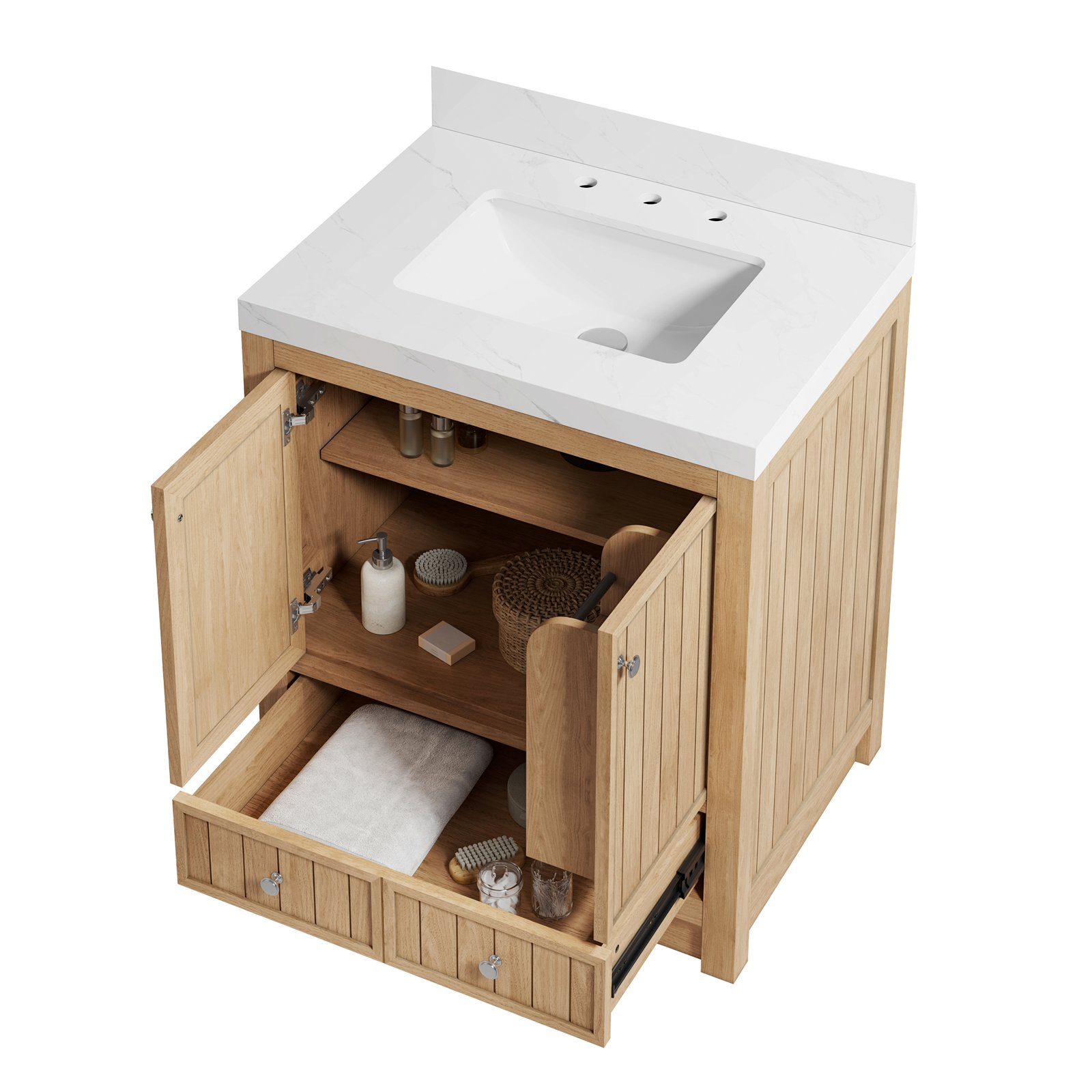 30-Inch Modern Bathroom Vanity with Carrara Quartz Top, MDF Wood Veneer Cabinet, Soft-Close Door & Drawer, Nordic Style Single Sink Vanity - Image 4