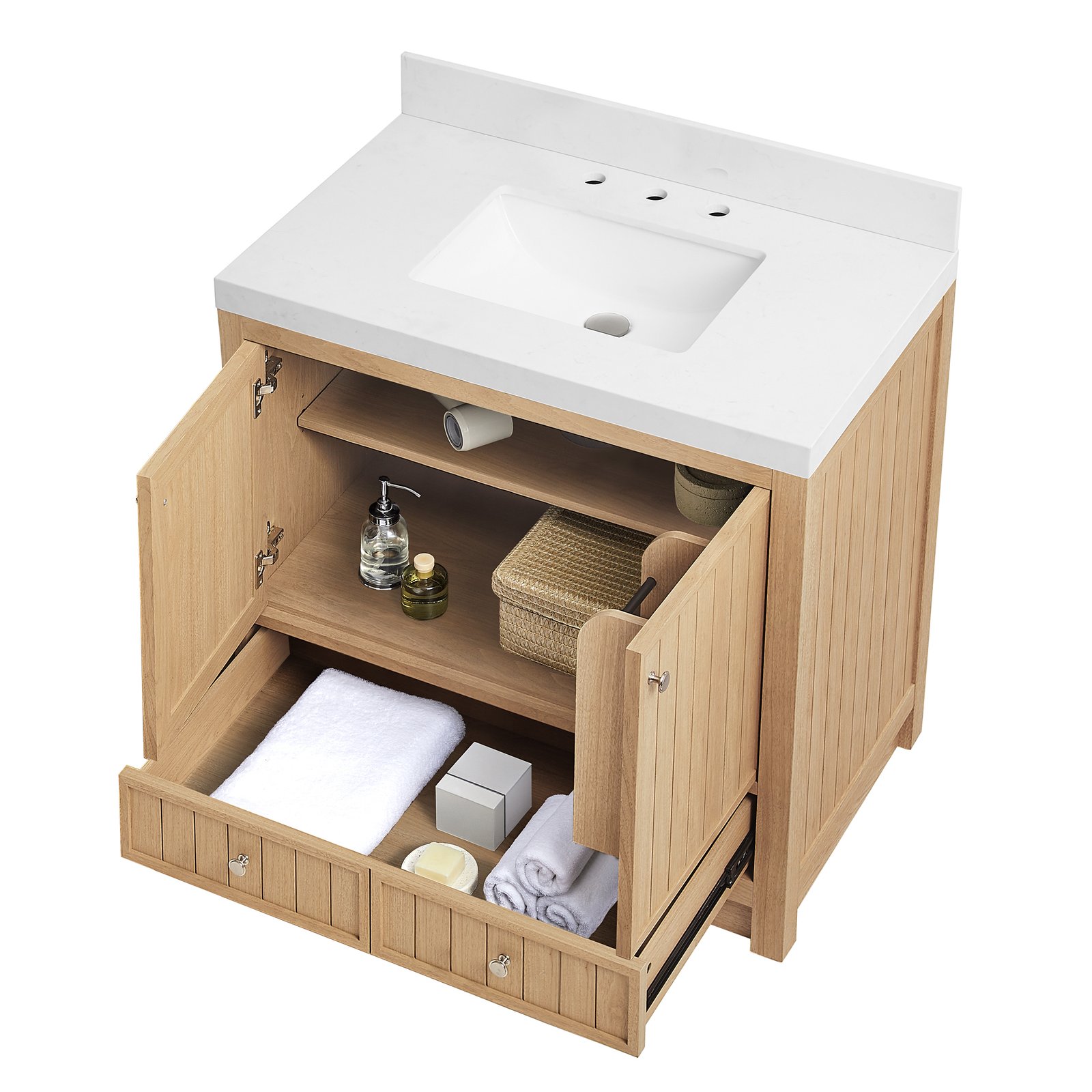 36-Inch Modern Bathroom Vanity with Carrara Quartz Top, MDF Wood Veneer Cabinet, Soft-Close Door & Drawer, Nordic Style Single Sink Vanity - Image 6