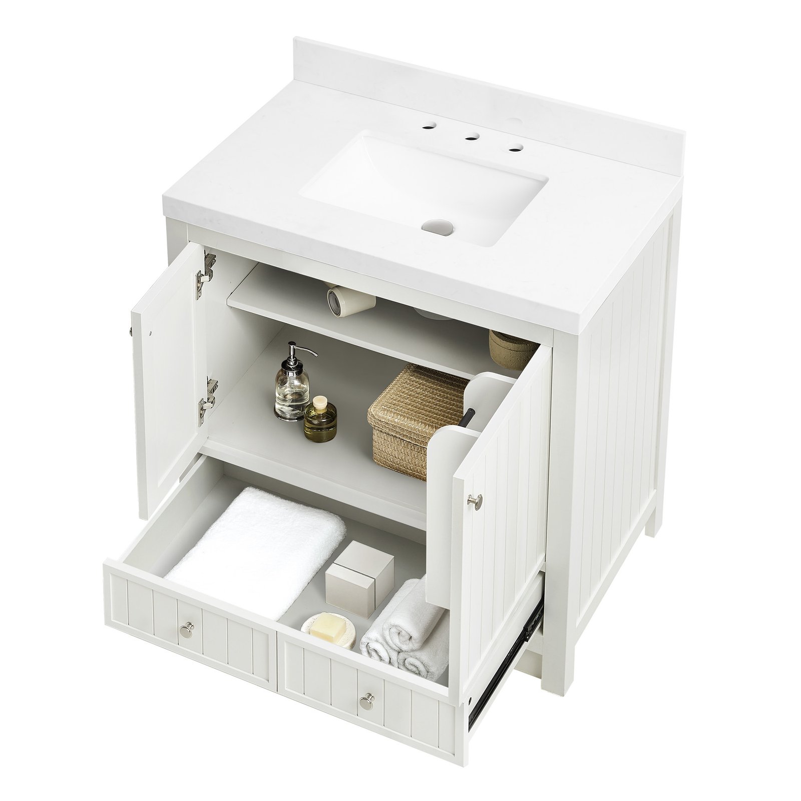 36-Inch Modern Bathroom Vanity with Carrara Quartz Top, MDF Wood Veneer Cabinet, Soft-Close Door & Drawer, Nordic Style Single Sink Vanity - Image 3