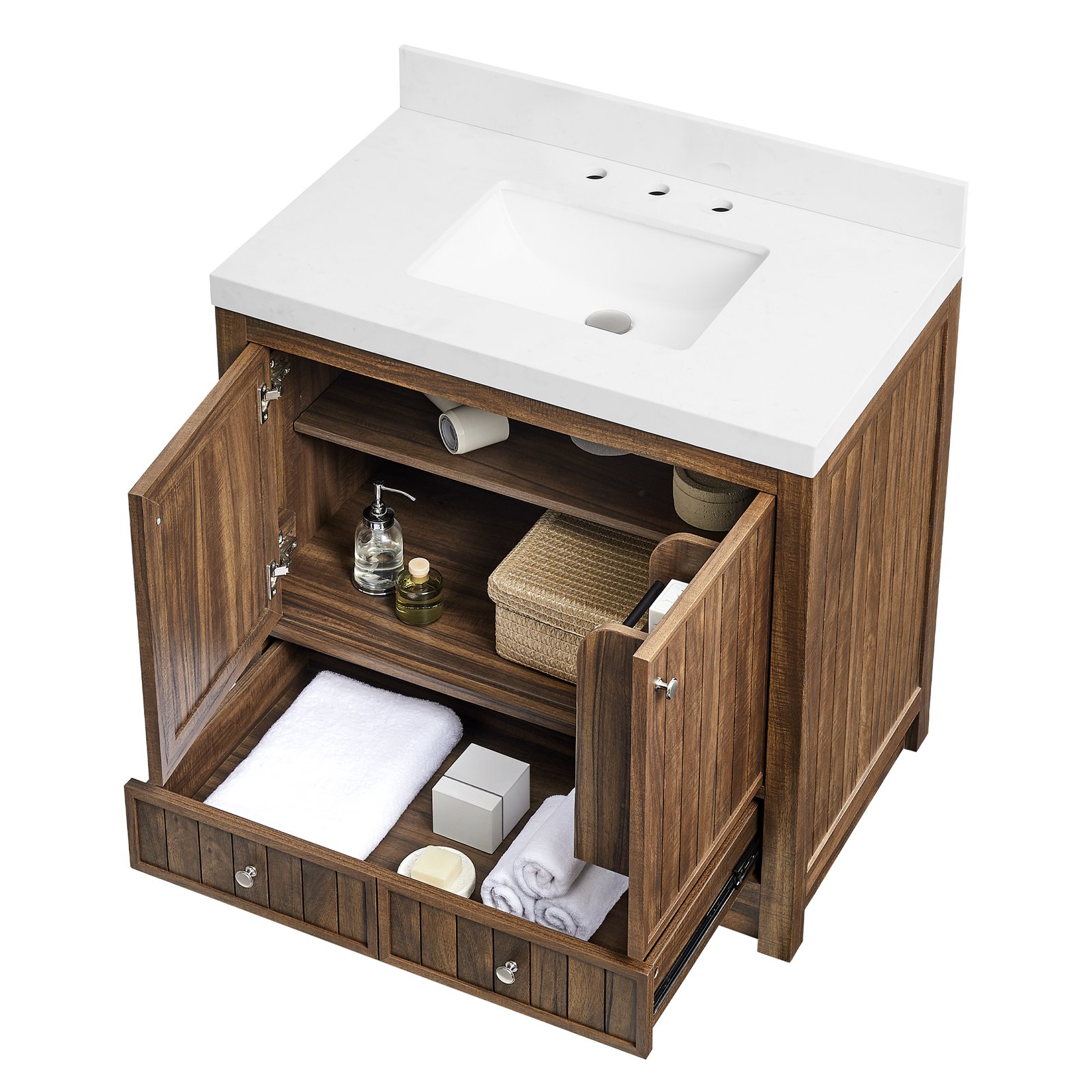 36-Inch Modern Bathroom Vanity with Carrara Quartz Top, MDF Wood Veneer Cabinet, Soft-Close Door & Drawer, Nordic Style Single Sink Vanity - Image 5