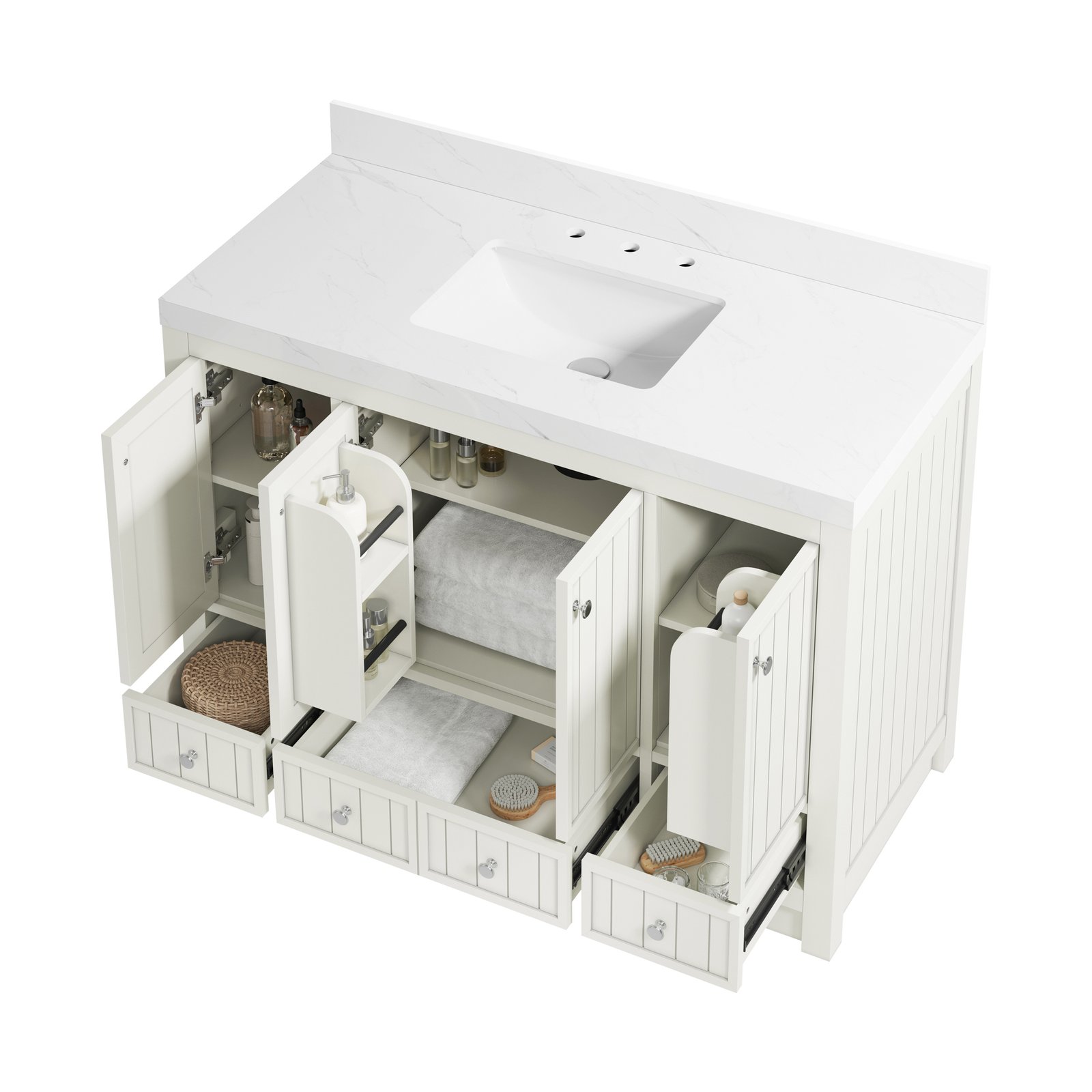 48 Inch Modern Bathroom Vanity with Carrara Quartz Countertop, Soft-Close Drawers, MDF Wood Veneer Cabinet, Single Sink Vanity - Image 3